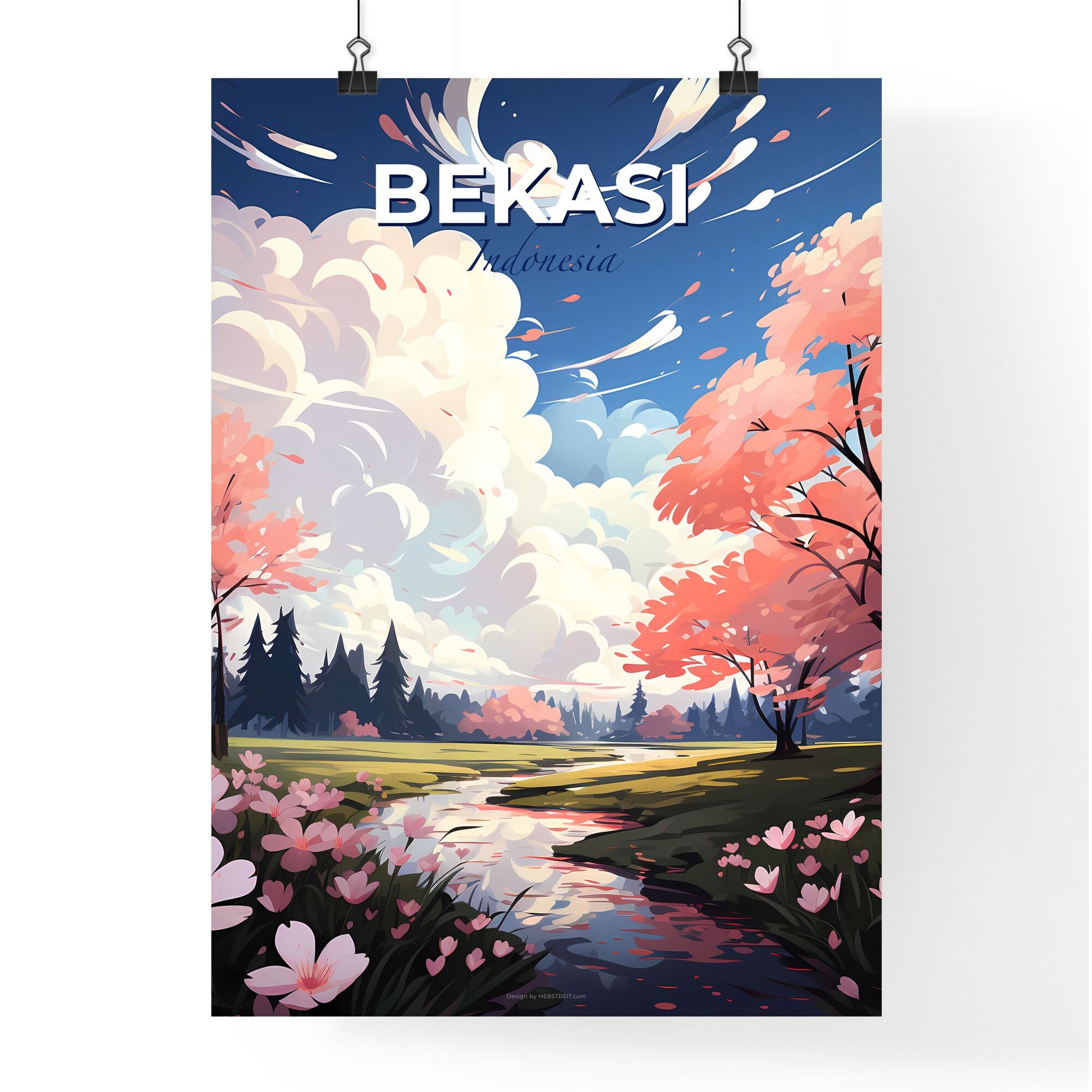 Vibrant Art Print | Bekasi Indonesia Skyline Painting | River | Pink Flowers | Field | Landscape Default Title