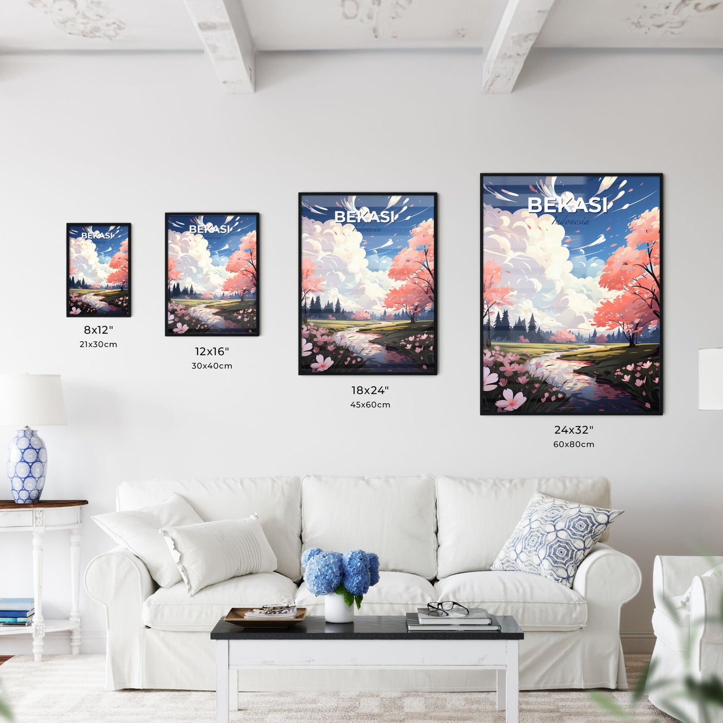 Vibrant Art Print | Bekasi Indonesia Skyline Painting | River | Pink Flowers | Field | Landscape Default Title