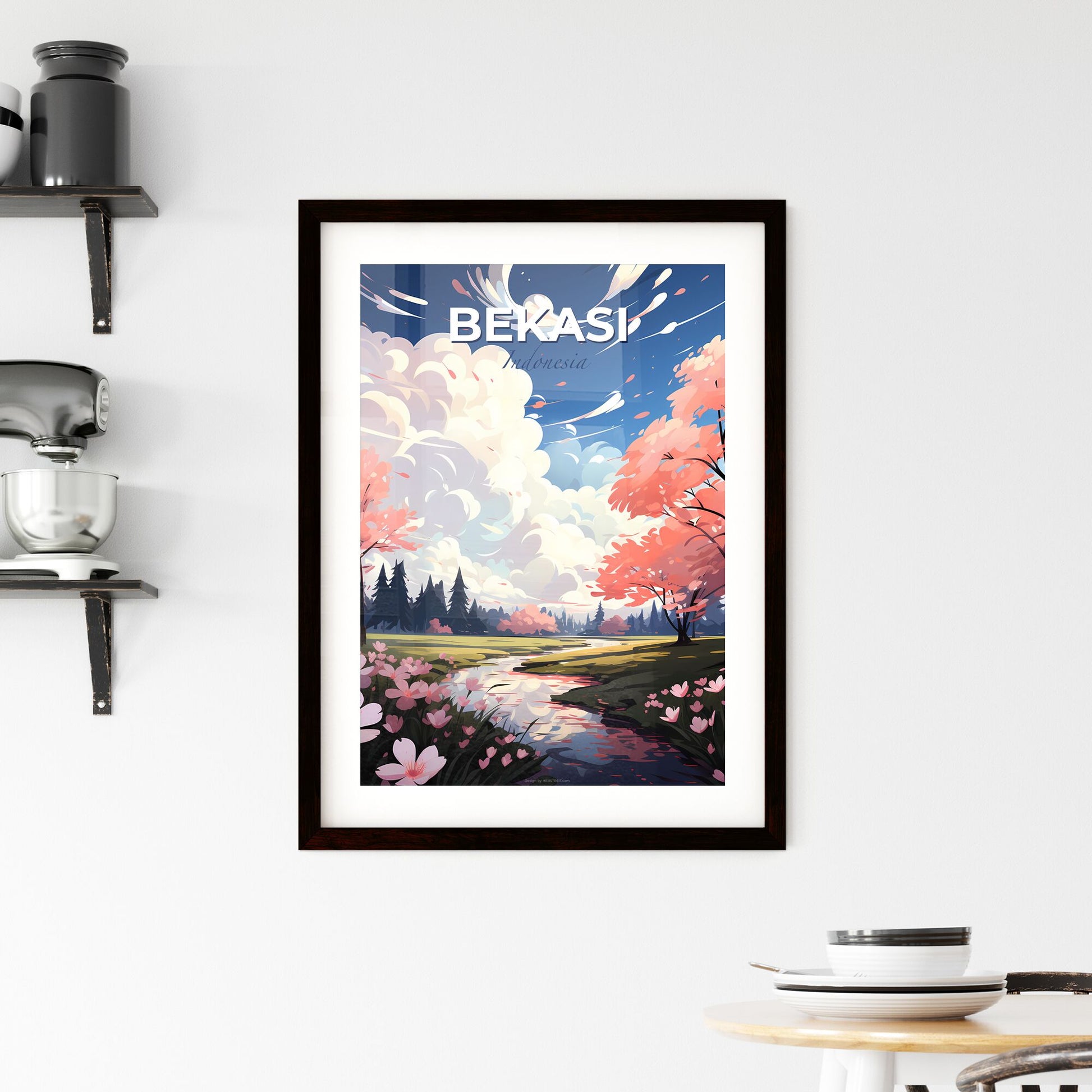 Vibrant Art Print | Bekasi Indonesia Skyline Painting | River | Pink Flowers | Field | Landscape Default Title