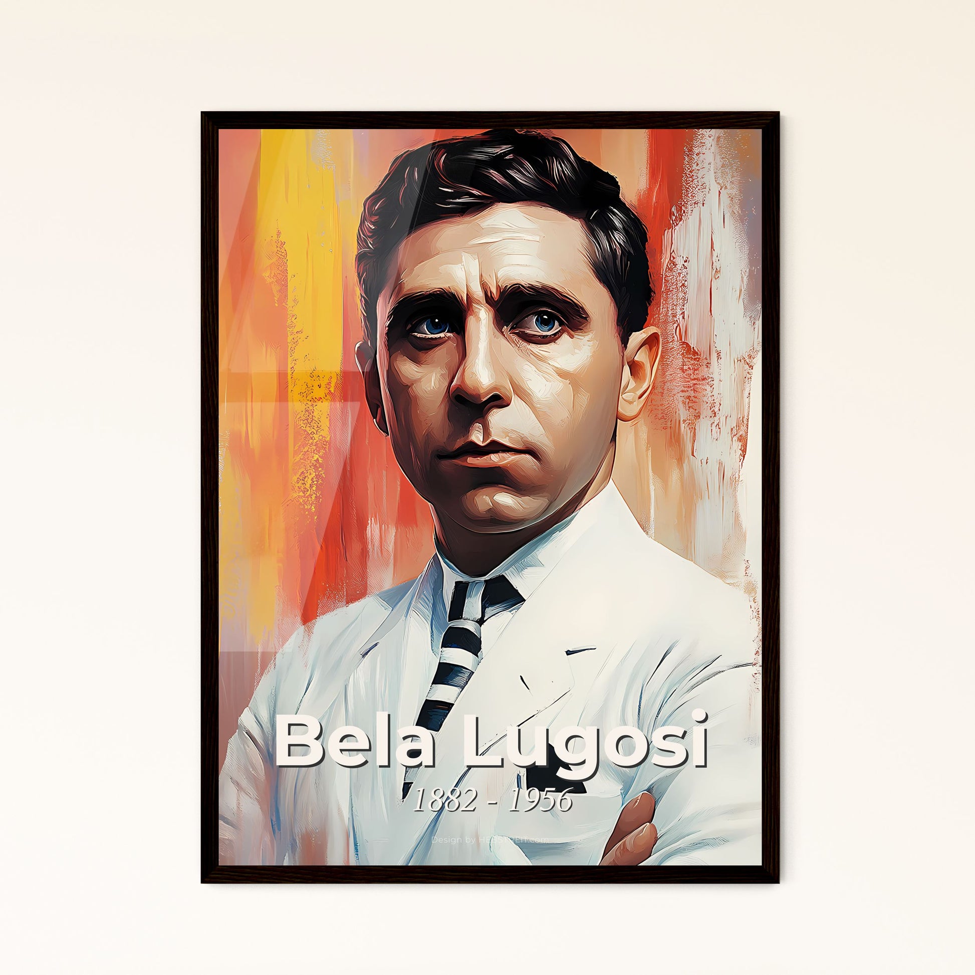 Portrait of Bela Lugosi, 1882 - 1956. Impressionistic painting of a man in a white suit and tie.