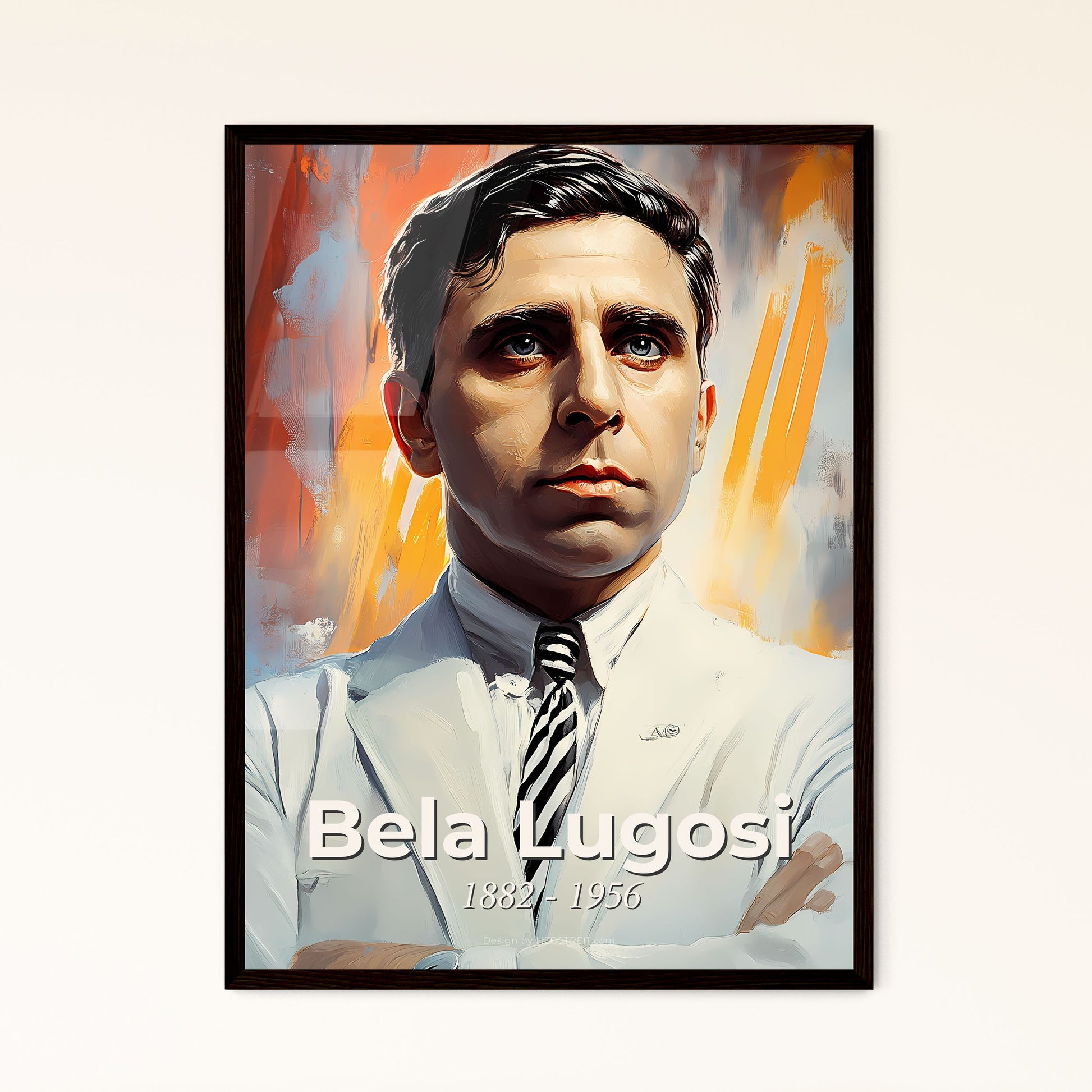 Portrait of Bela Lugosi, 1882 - 1956. Impressionistic painting of a man in a white suit and tie.