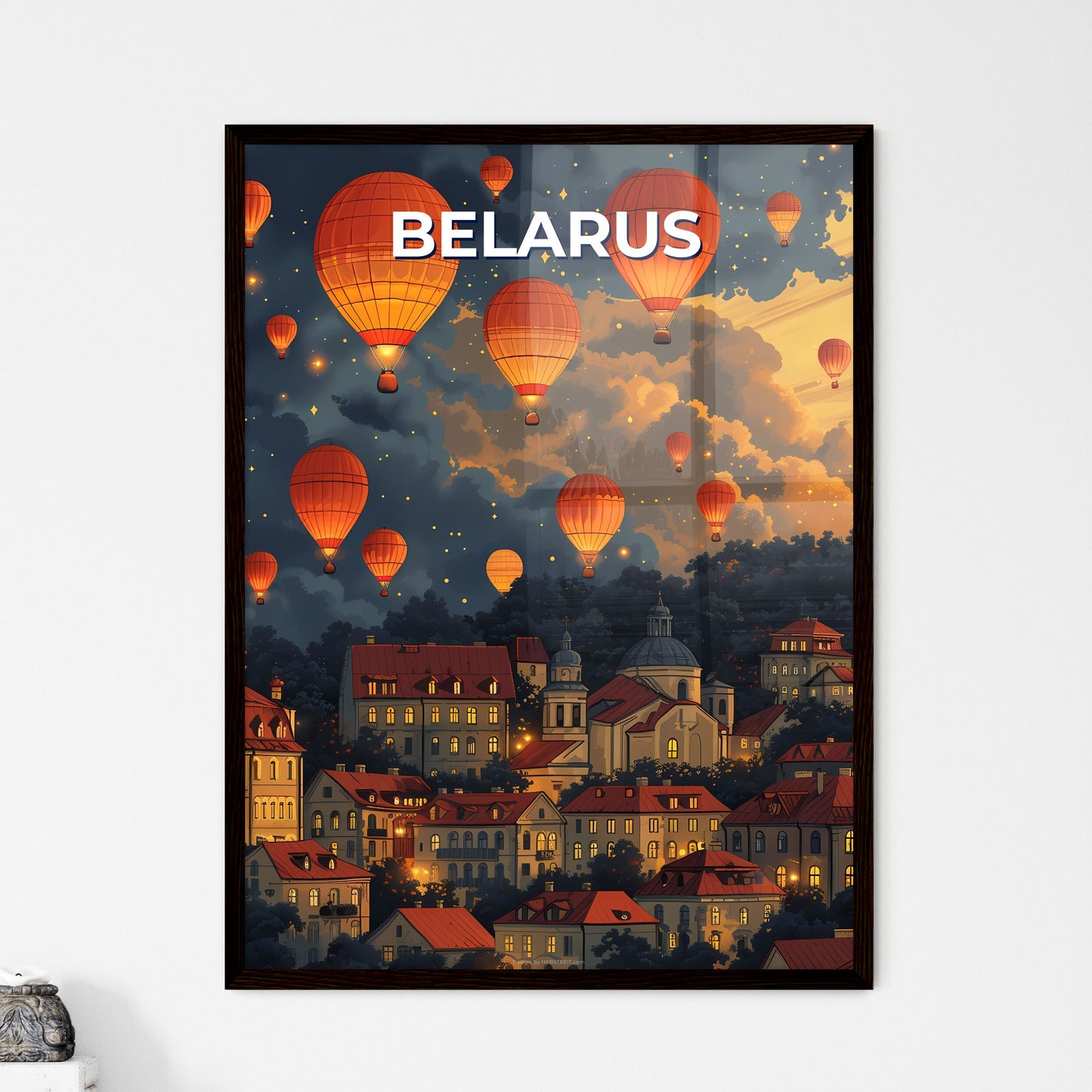 Colorful Hot Air Balloons Over City Art Painting Panorama, Belarus, Europe