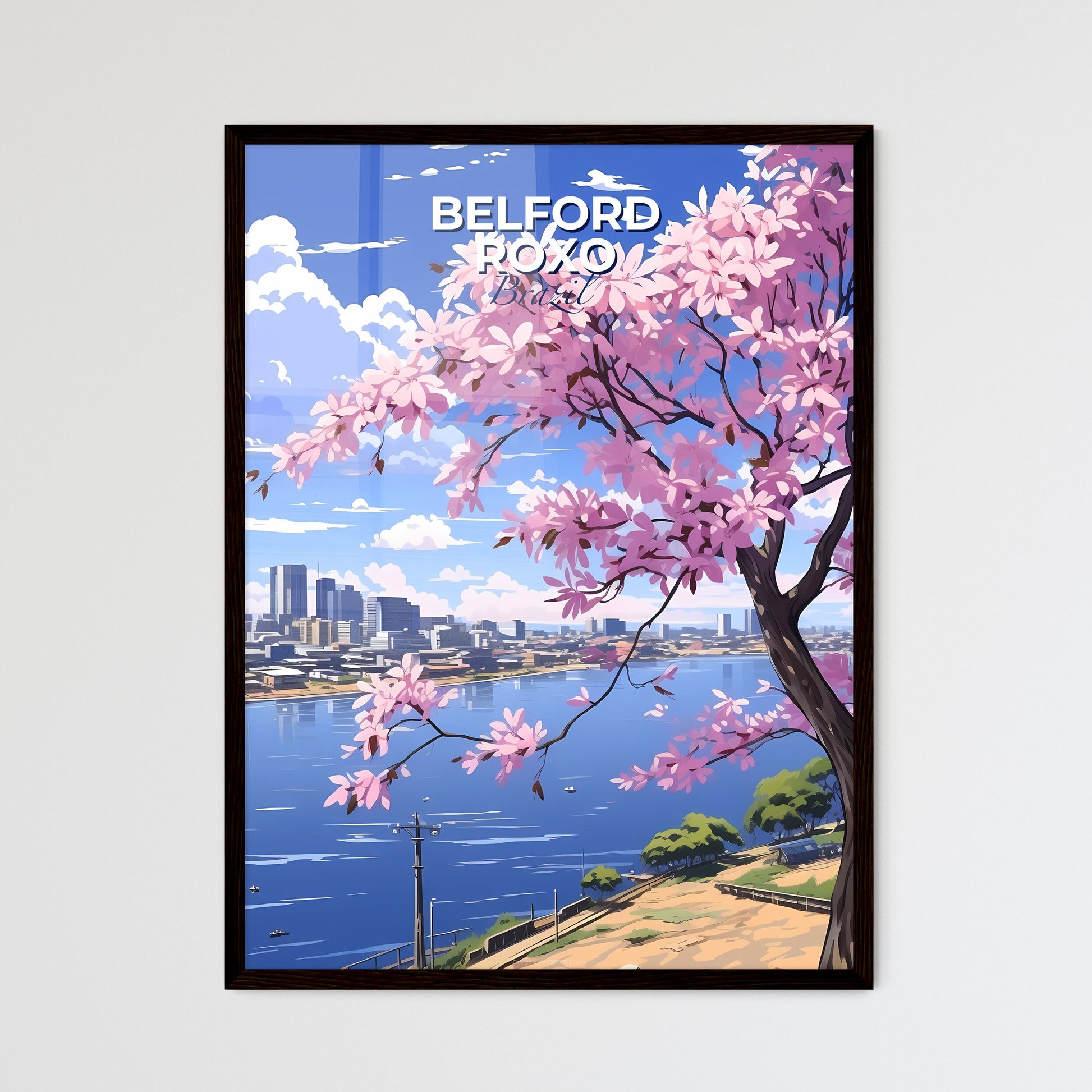 Painting of Belford Roxo City Skyline With Tree Blooming Pink Flowers Next to Water Default Title