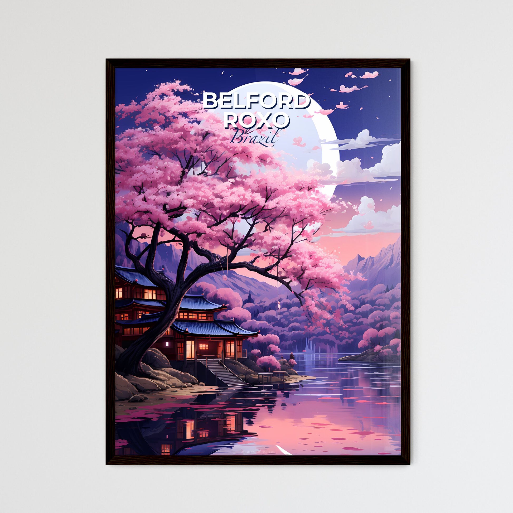 Vibrant Brazilian Art: Belford Roxo Skyline with House, Lake, Tree, and Full Moon Default Title