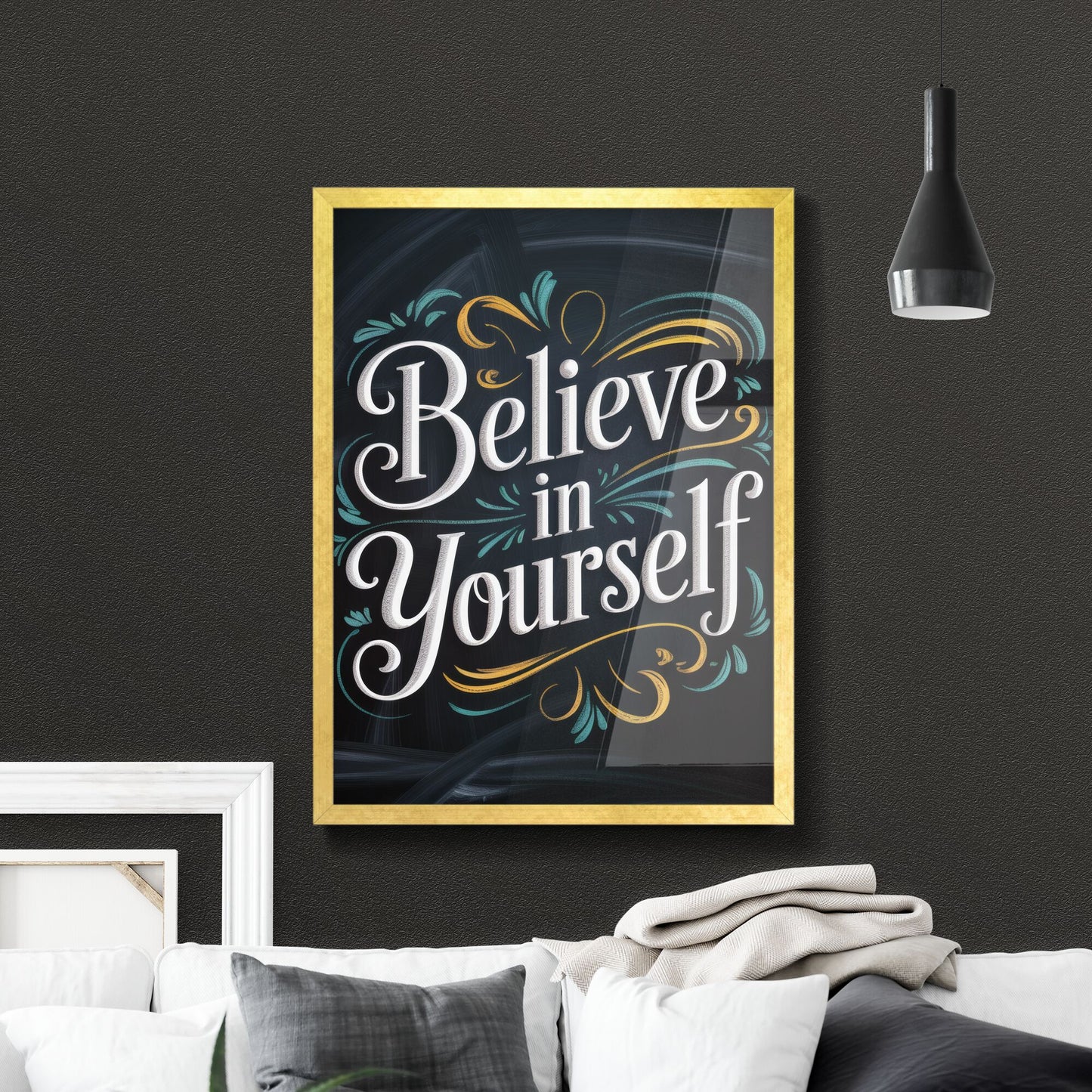 Handwritten Inspirational Quote: 'Believe in Yourself' with Elegant Flourishes on a Chalkboard Background.