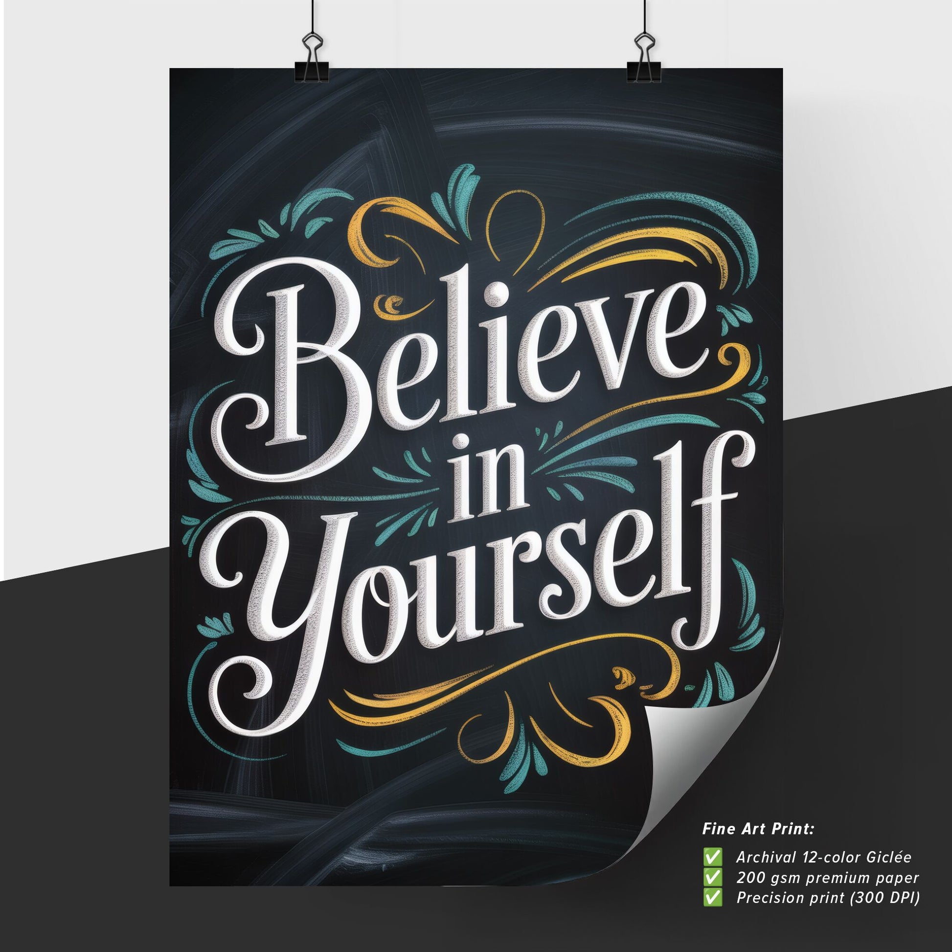 Handwritten Inspirational Quote: 'Believe in Yourself' with Elegant Flourishes on a Chalkboard Background.