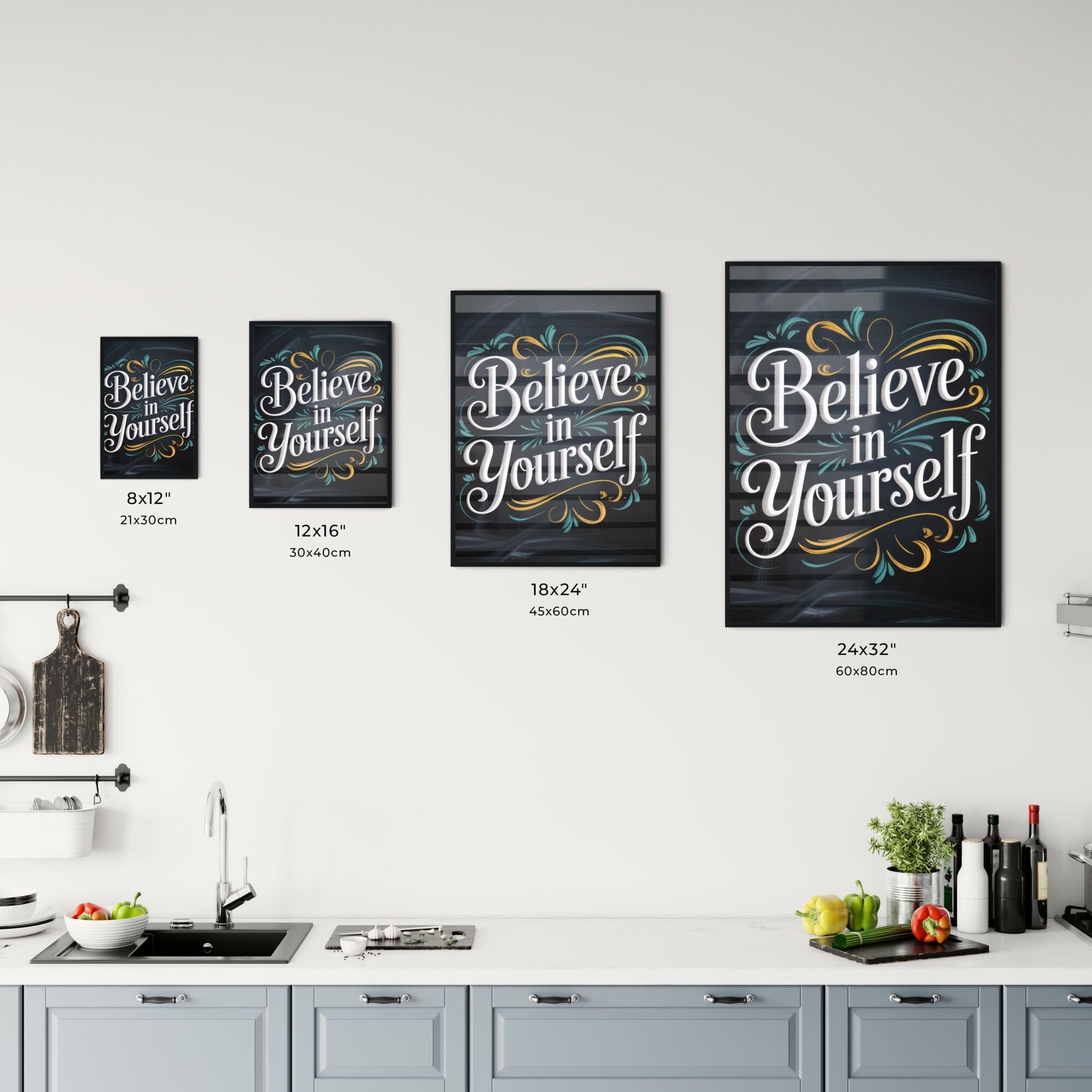 Handwritten Inspirational Quote: 'Believe in Yourself' with Elegant Flourishes on a Chalkboard Background. Chart