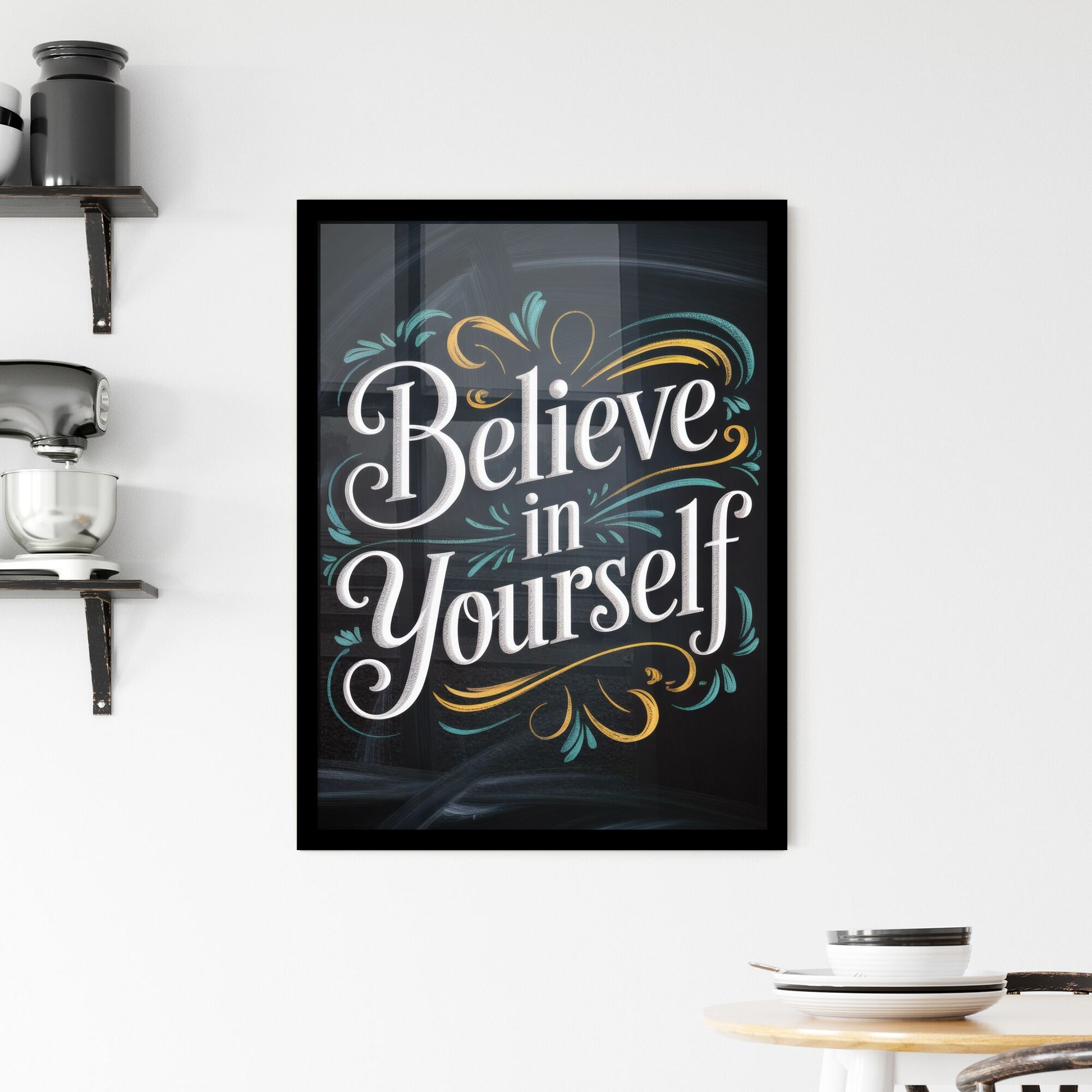 Handwritten Inspirational Quote: 'Believe in Yourself' with Elegant Flourishes on a Chalkboard Background. Framed Print