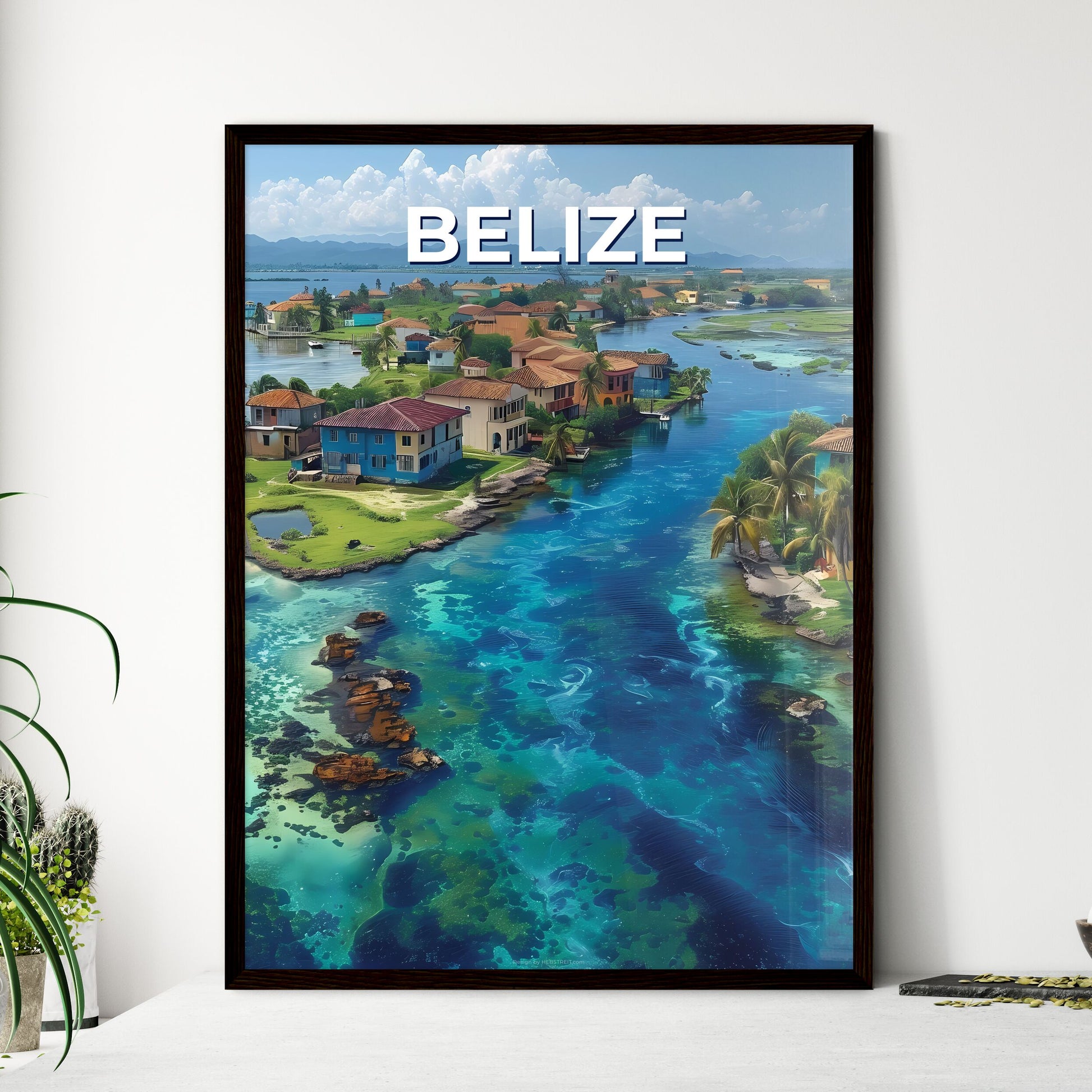 Vibrant Painting Artwork Depicting Houses, Trees, and Waterways in Belize