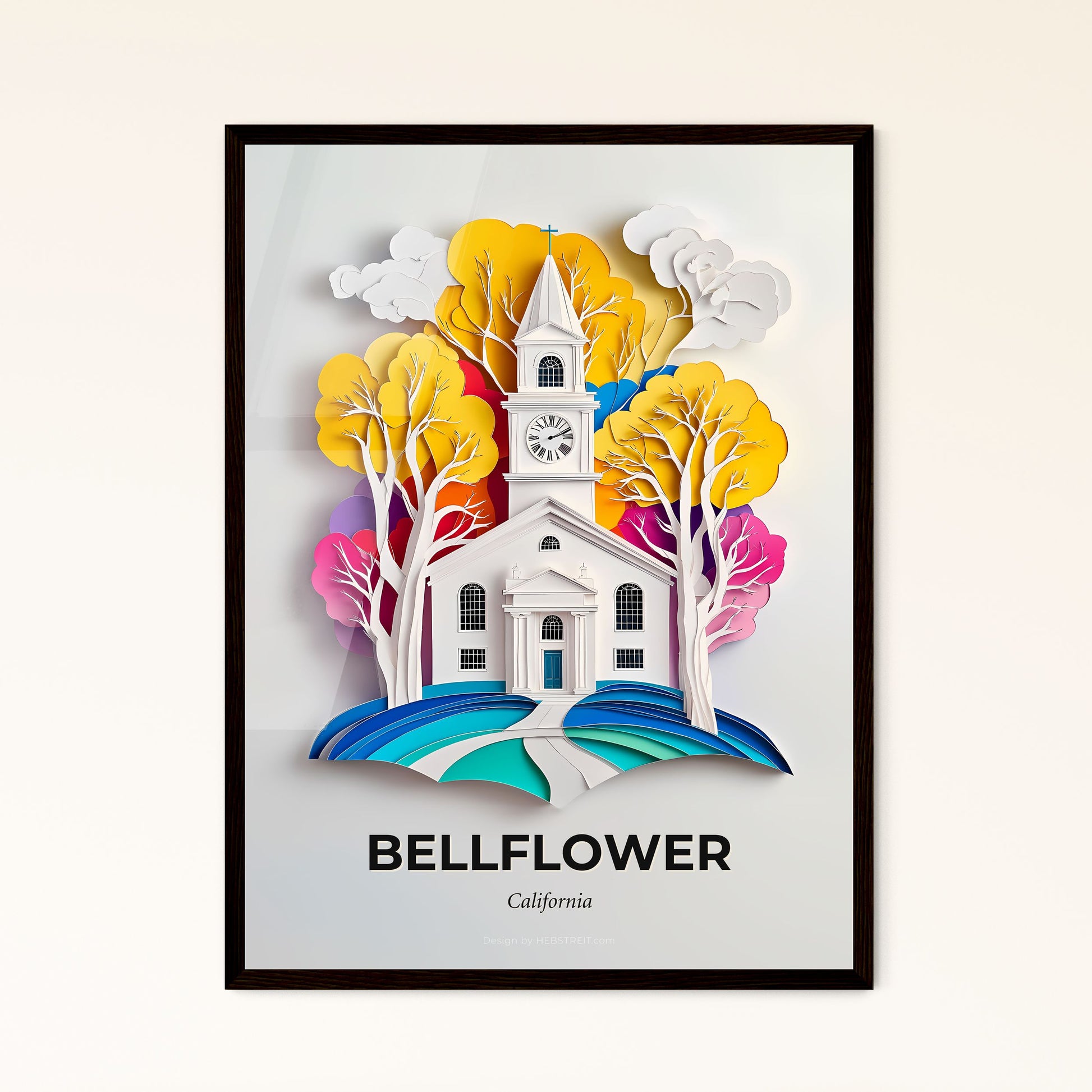 Vivid Bellflower, California - a paper cut of a church with a clock tower