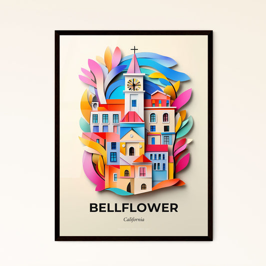 Vivid Bellflower, California - a colorful city with a clock tower and a tree