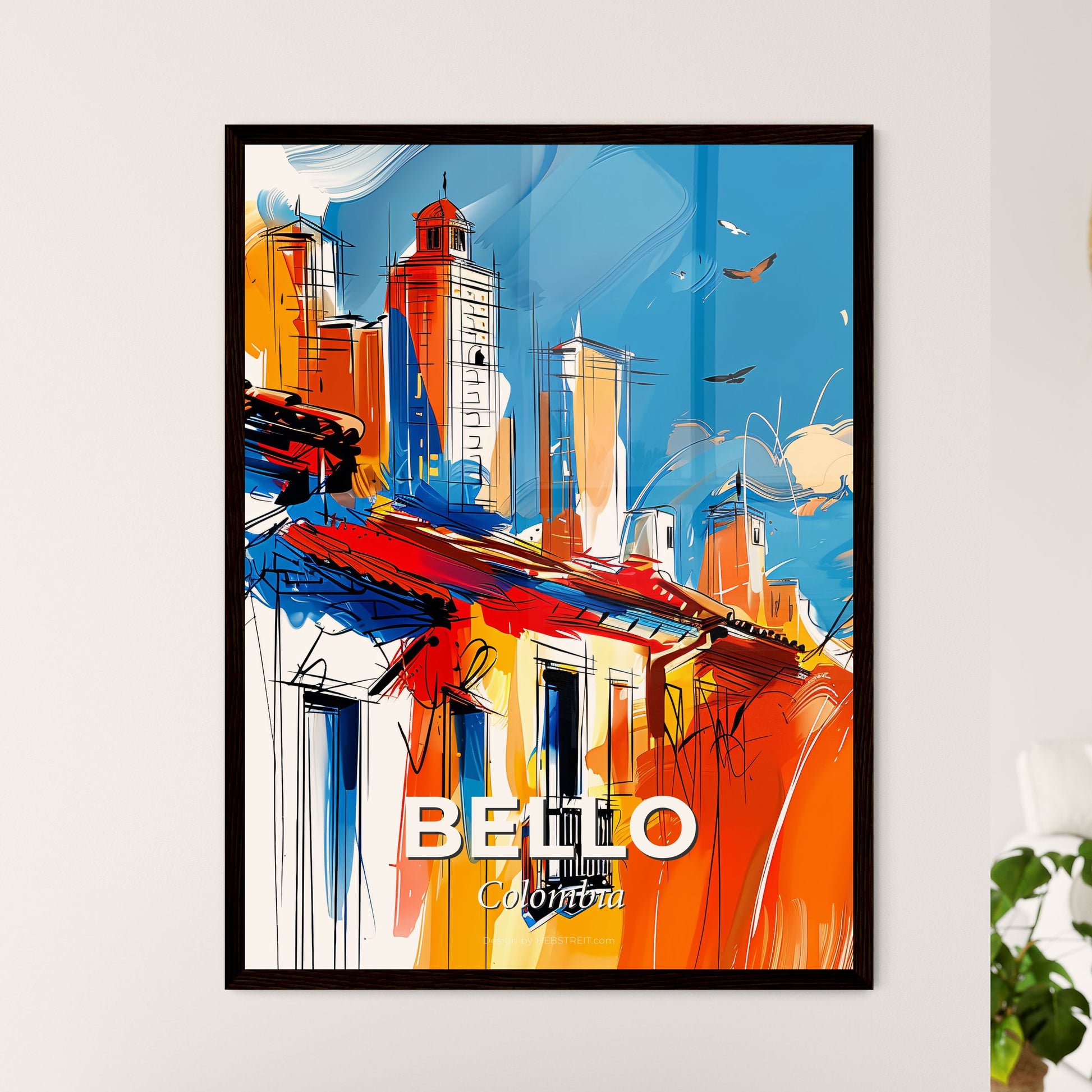 Vibrant Bello, Colombia - A Painting Of Buildings And Birds