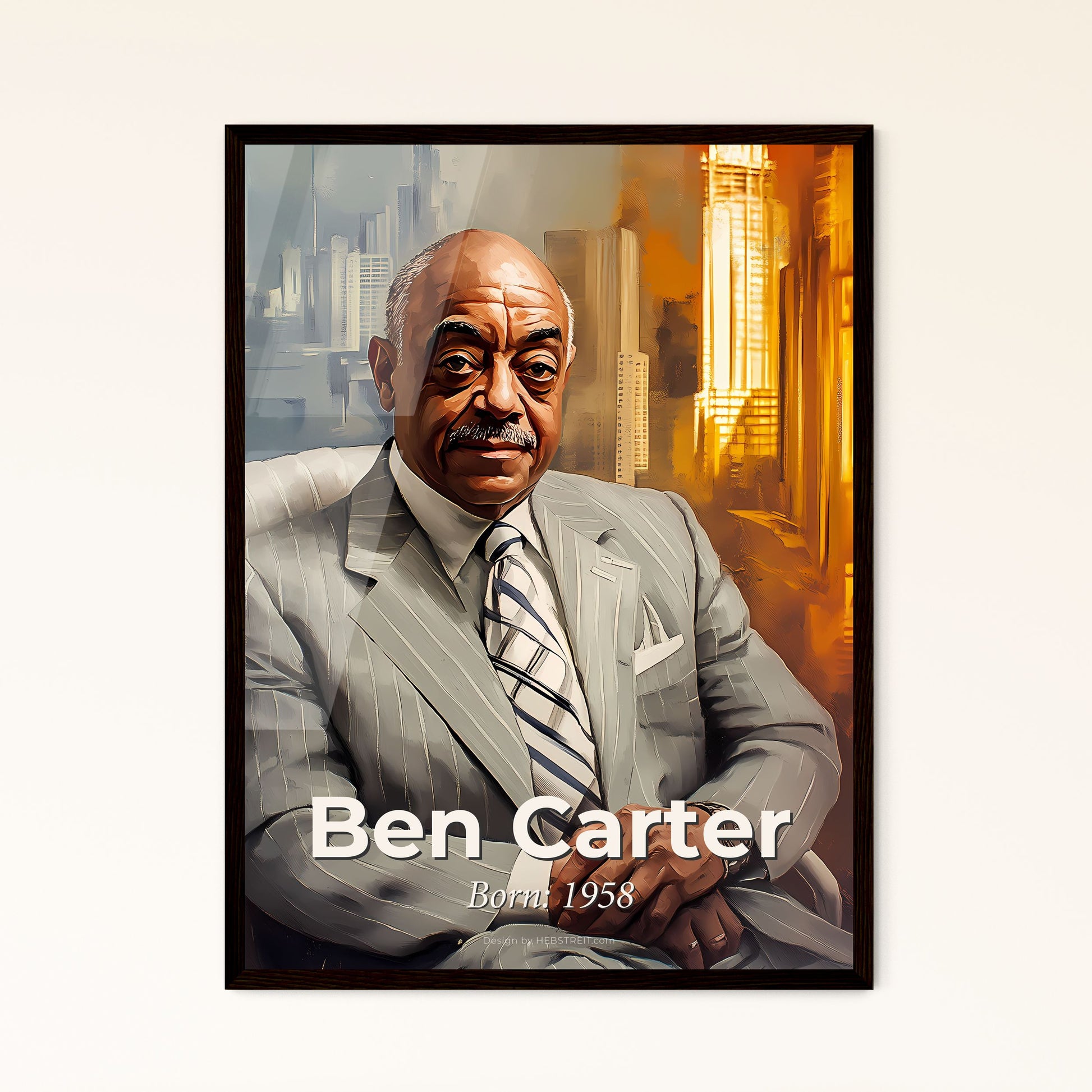 Portrait of Ben Carter, Born: 1958. Impressionistic painting of a man in a suit sitting in a chair.