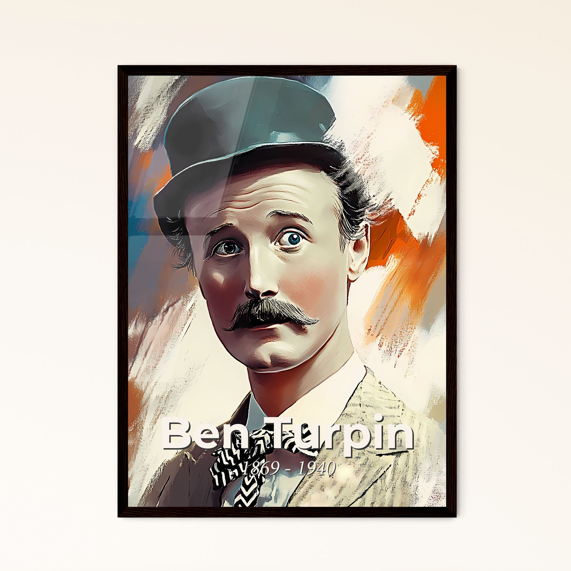 Portrait of Ben Turpin, 1869 - 1940. Impressionistic painting of a man with a mustache and a hat.