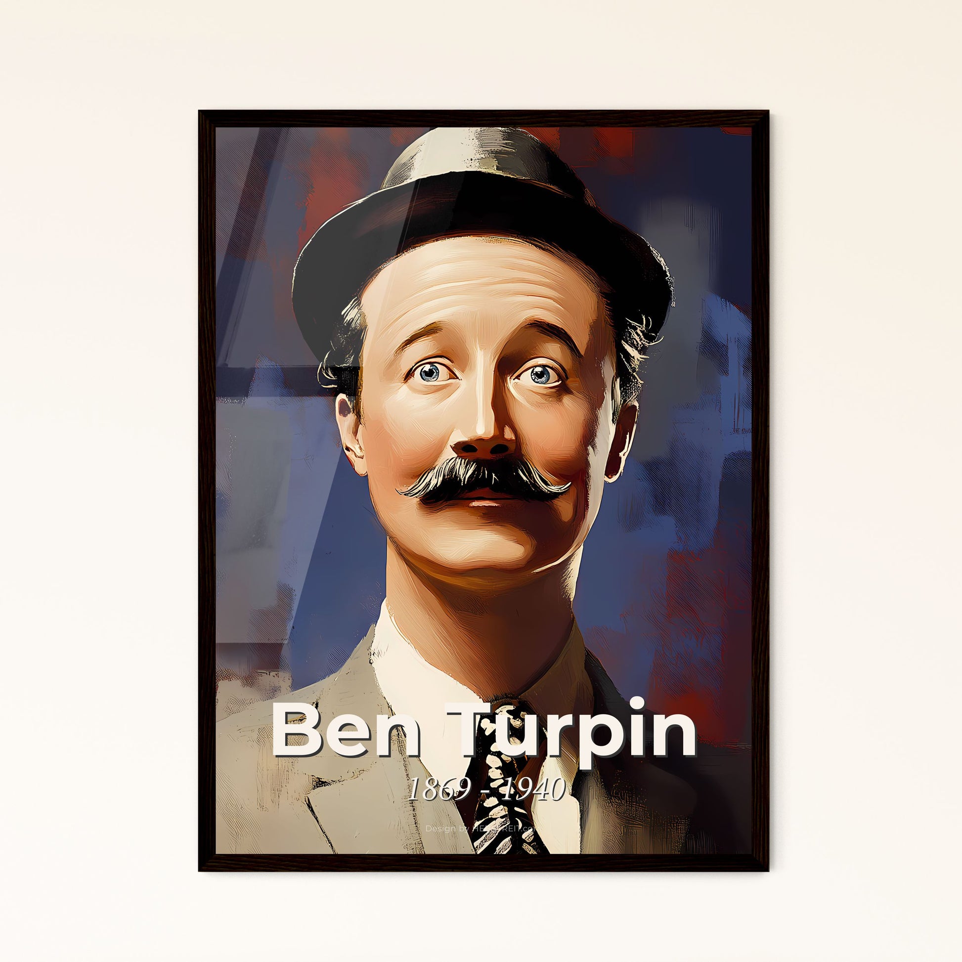 Portrait of Ben Turpin, 1869 - 1940. Impressionistic painting of a man with a mustache wearing a hat.