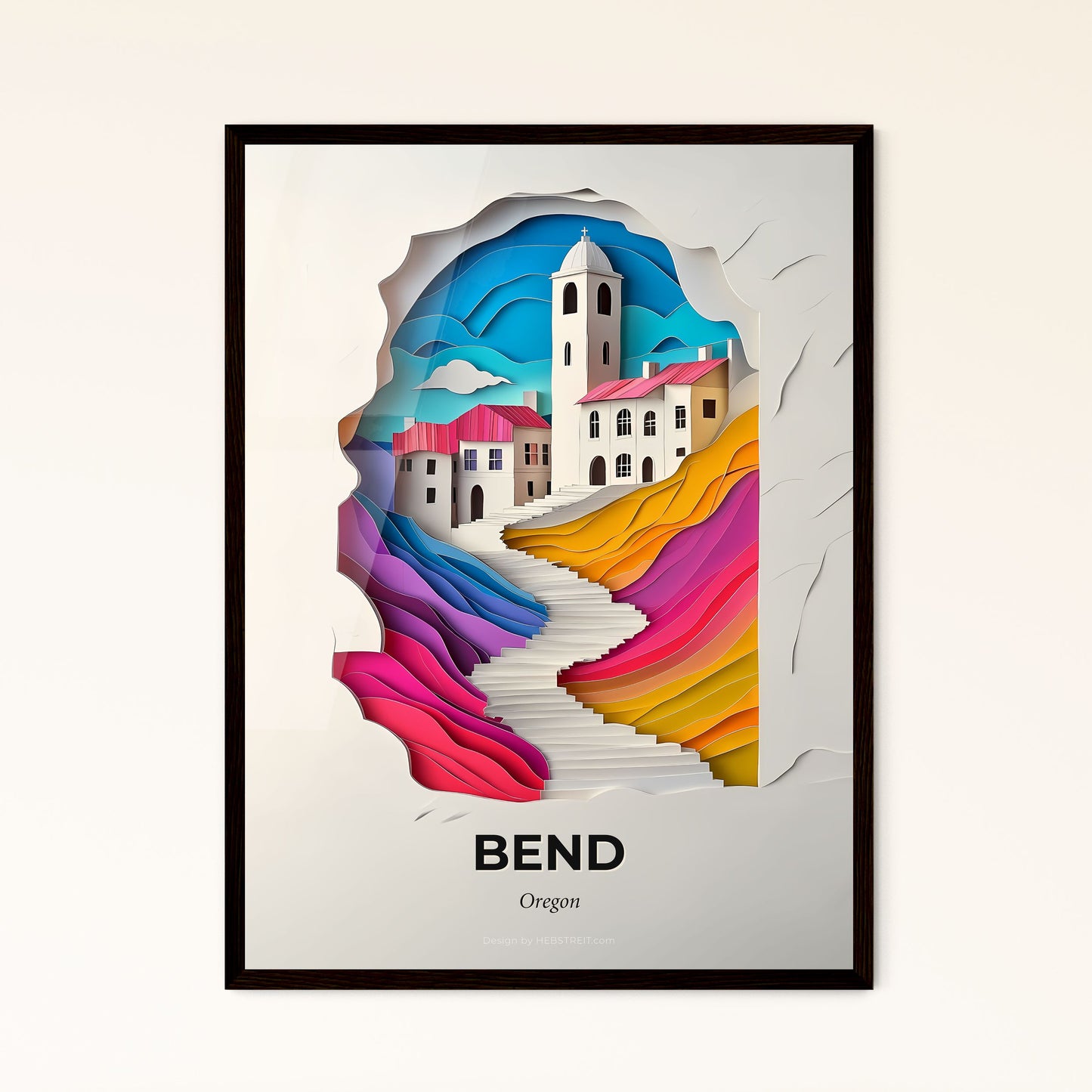 Vivid Bend, Oregon - a paper cut of a church and a stairway