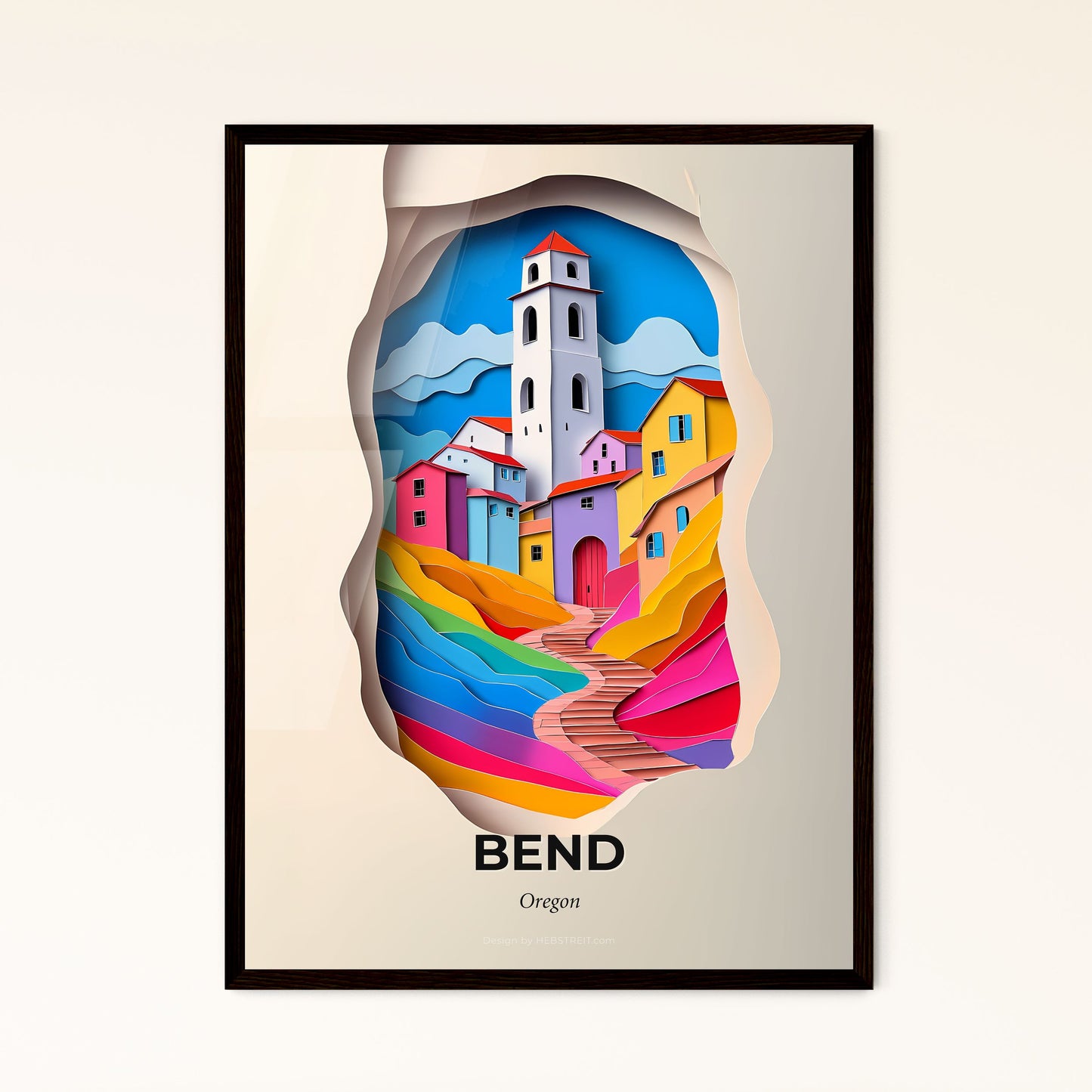 Vivid Bend, Oregon - a paper cut of a church tower with a rainbow colored landscape