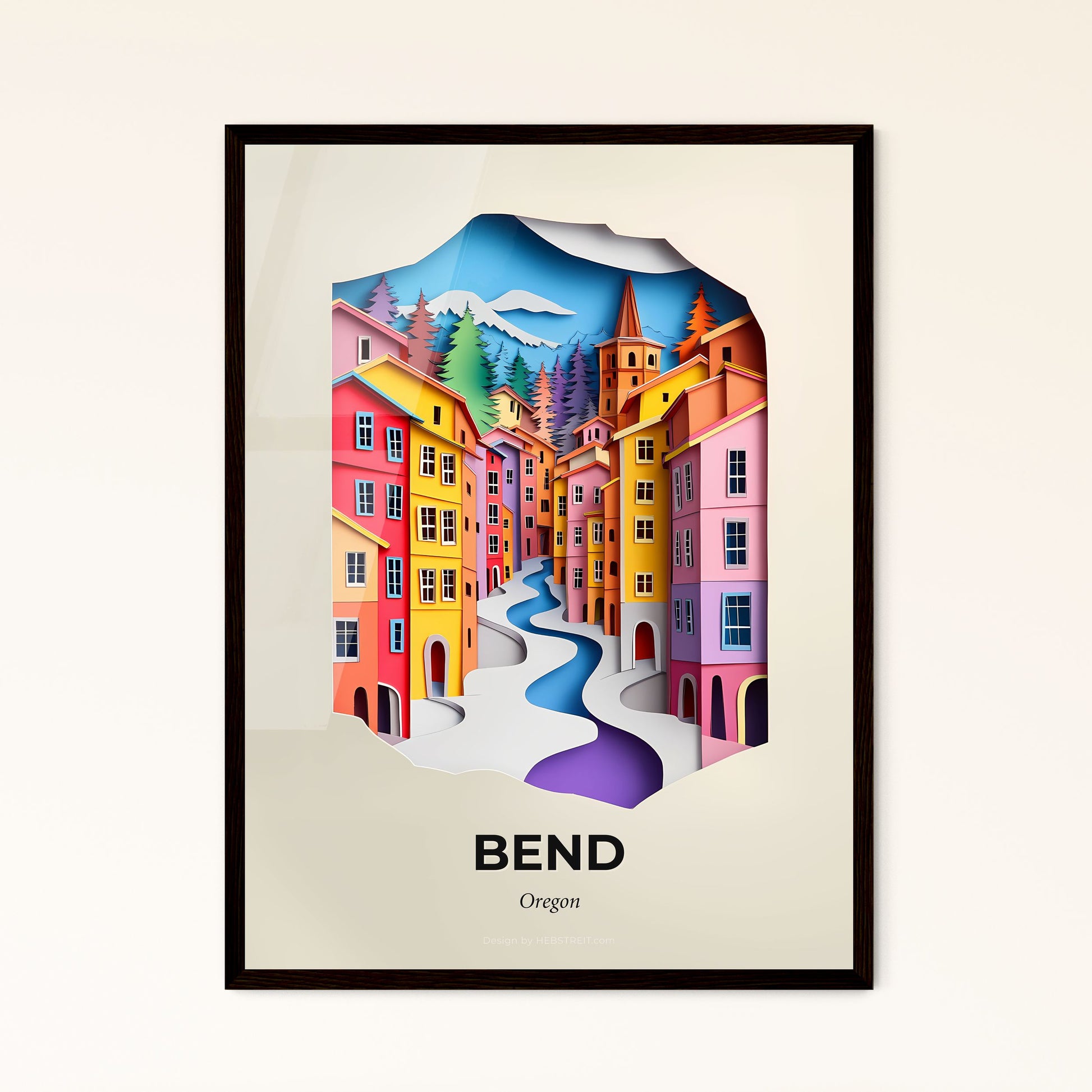 Vivid Bend, Oregon - a paper cut of a city with a river running through it