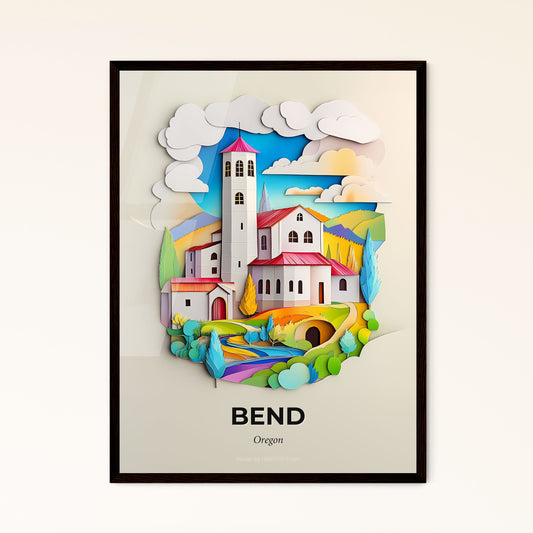 Vivid Bend, Oregon - a paper cut of a church and a river