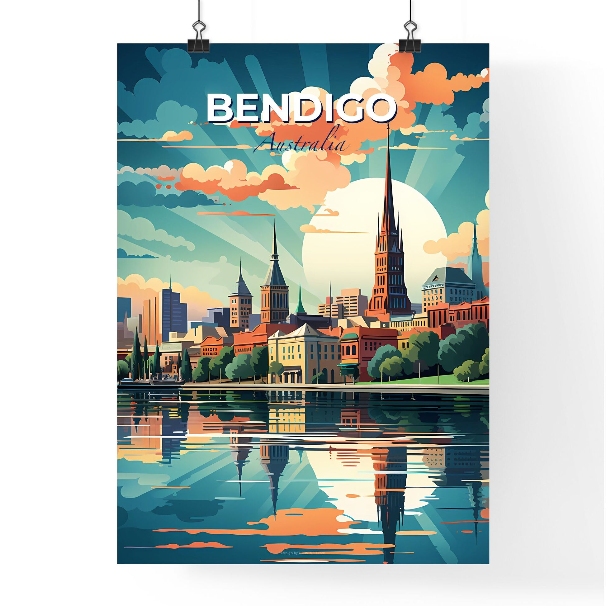 Bendigo Cityscape Painting Vibrant Lake Sun Skyline Art Australia Default Title