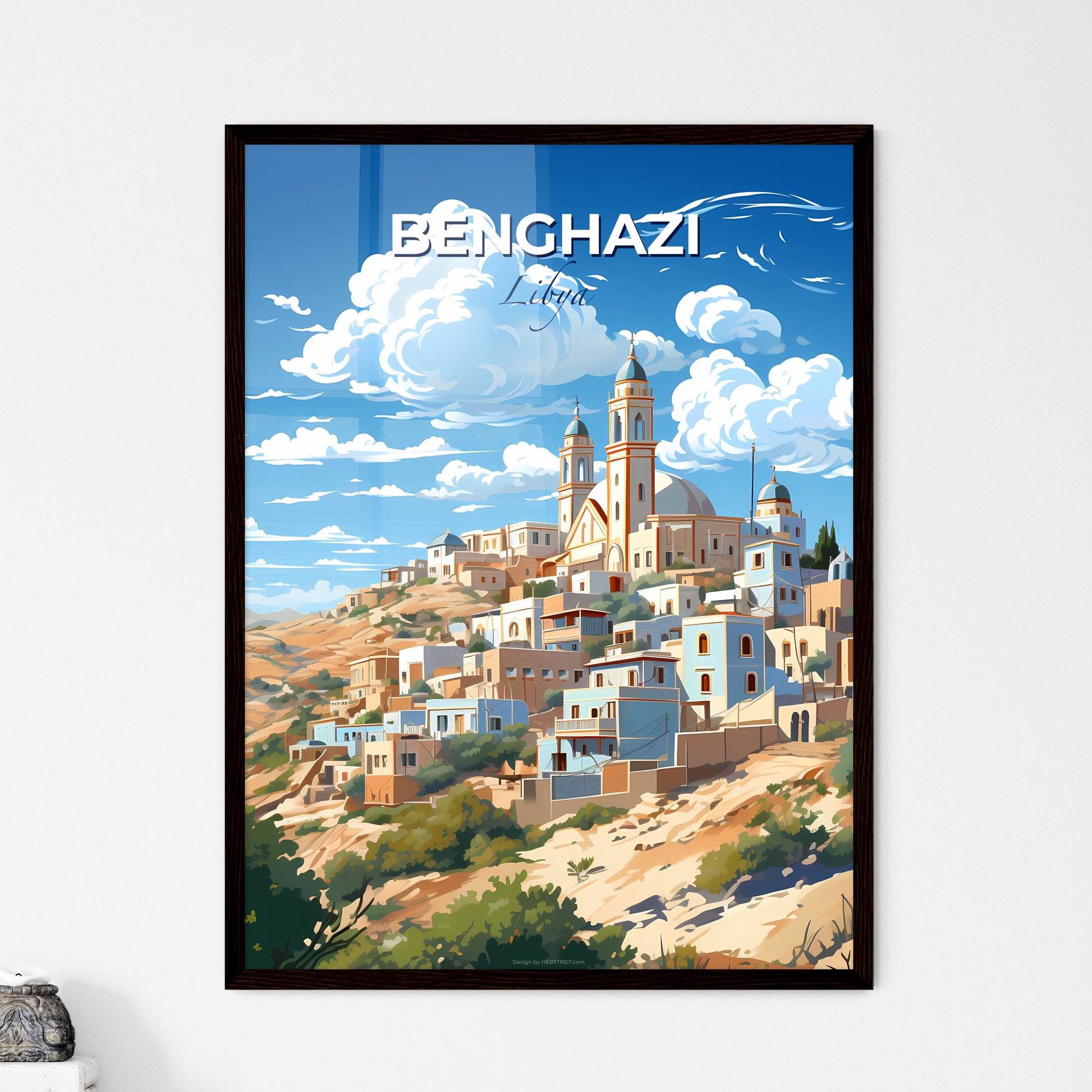 Vibrant Benghazi Skyline Art: Libyan Oil Painting of Hilltop Cityscape Default Title