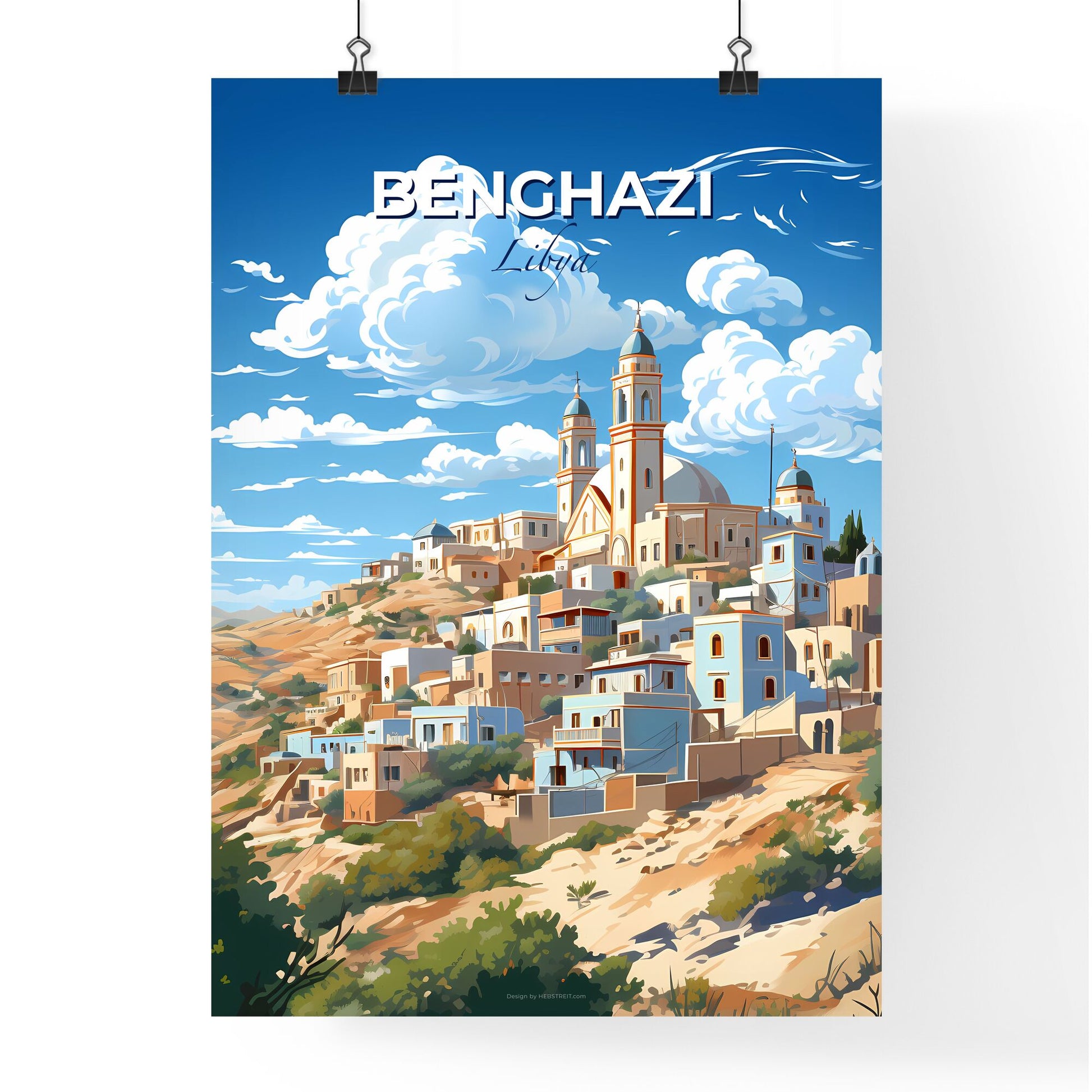 Vibrant Benghazi Skyline Art: Libyan Oil Painting of Hilltop Cityscape Default Title