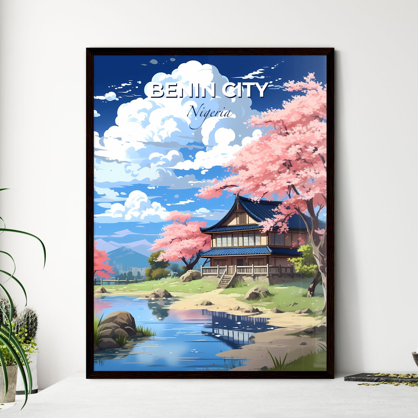 Benin City Nigeria Skyline - colorful painting with traditional house, pond, and trees in tropical urban environment Default Title