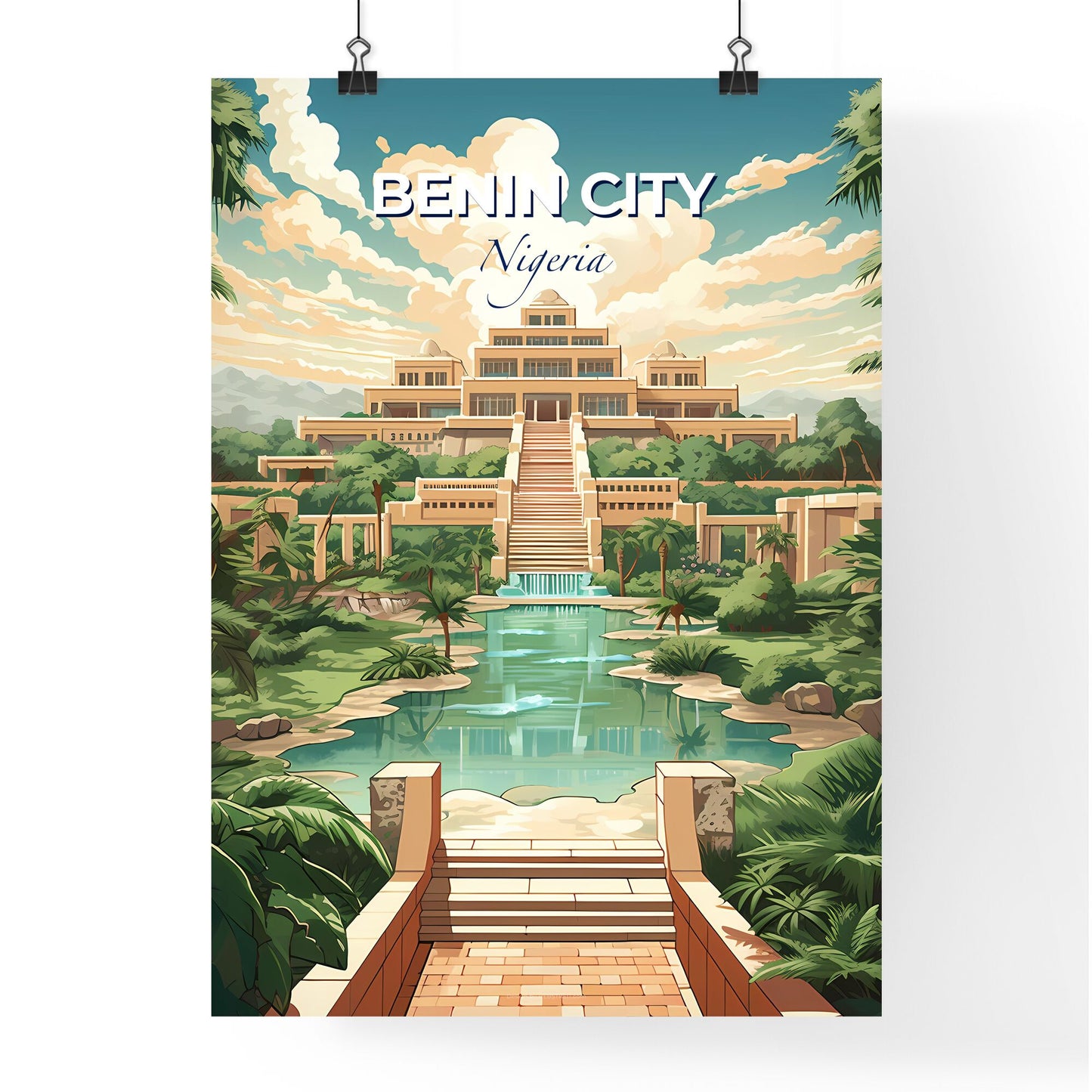 Vibrant Benin City Nigeria Skyline Art Painting Featuring Stairs Leading to Pool Water Default Title