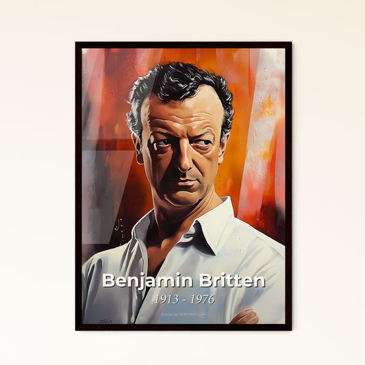 Portrait of Benjamin Britten, 1913 - 1976. Impressionistic painting of a man in a white shirt.