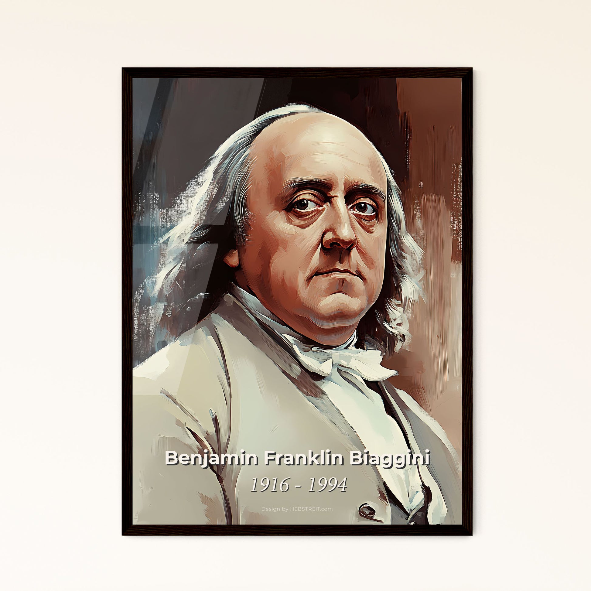 Portrait of Benjamin Franklin Biaggini, 1916 - 1994. Impressionistic painting of a man with long hair wearing a white shirt.