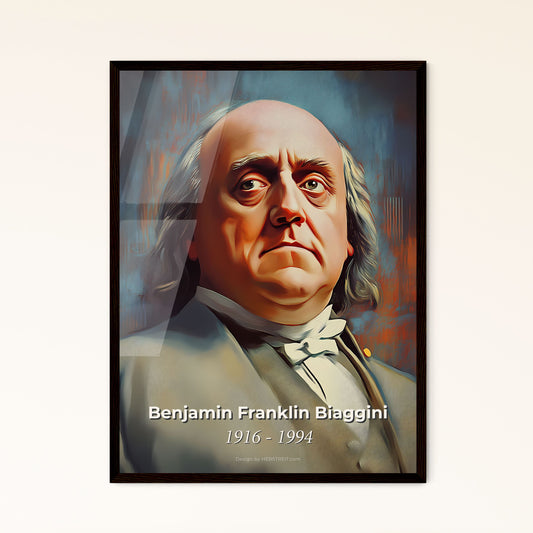 Portrait of Benjamin Franklin Biaggini, 1916 - 1994. Impressionistic painting of a man with long hair wearing a suit.