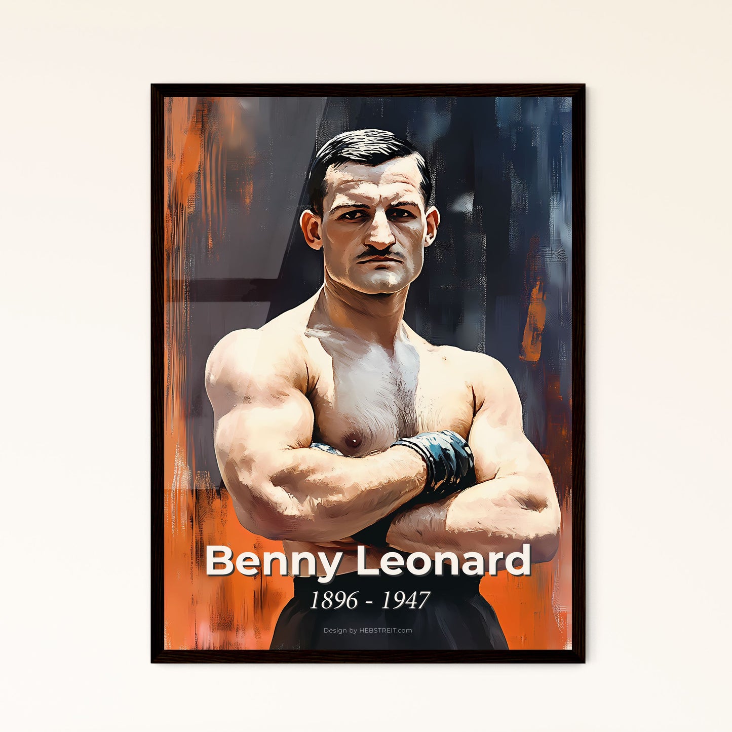 Portrait of Benny Leonard, 1896 - 1947. Impressionistic painting of a man with his arms crossed.