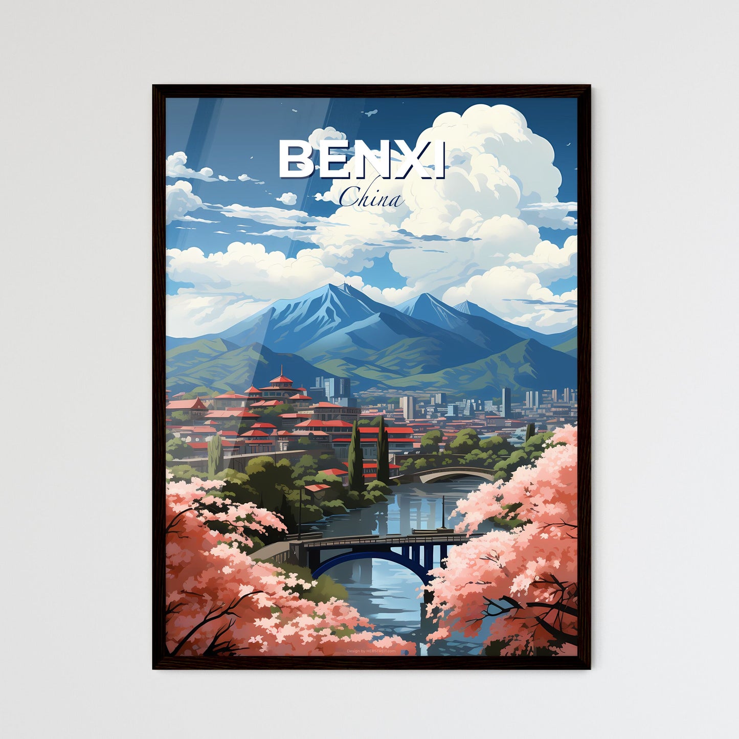 Benxi City China Skyline Bridge Mountains Landscape Art Painting Default Title