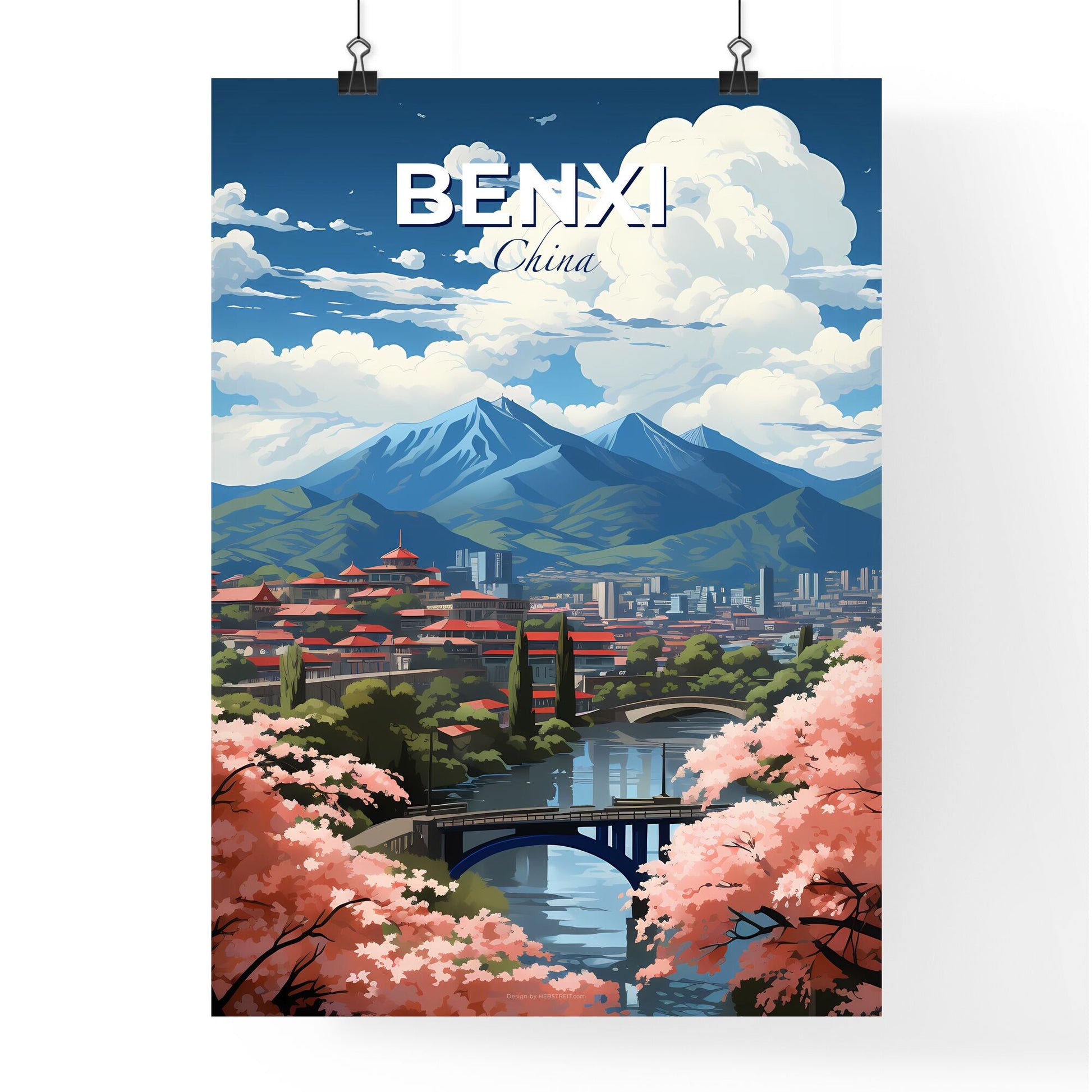 Benxi City China Skyline Bridge Mountains Landscape Art Painting Default Title