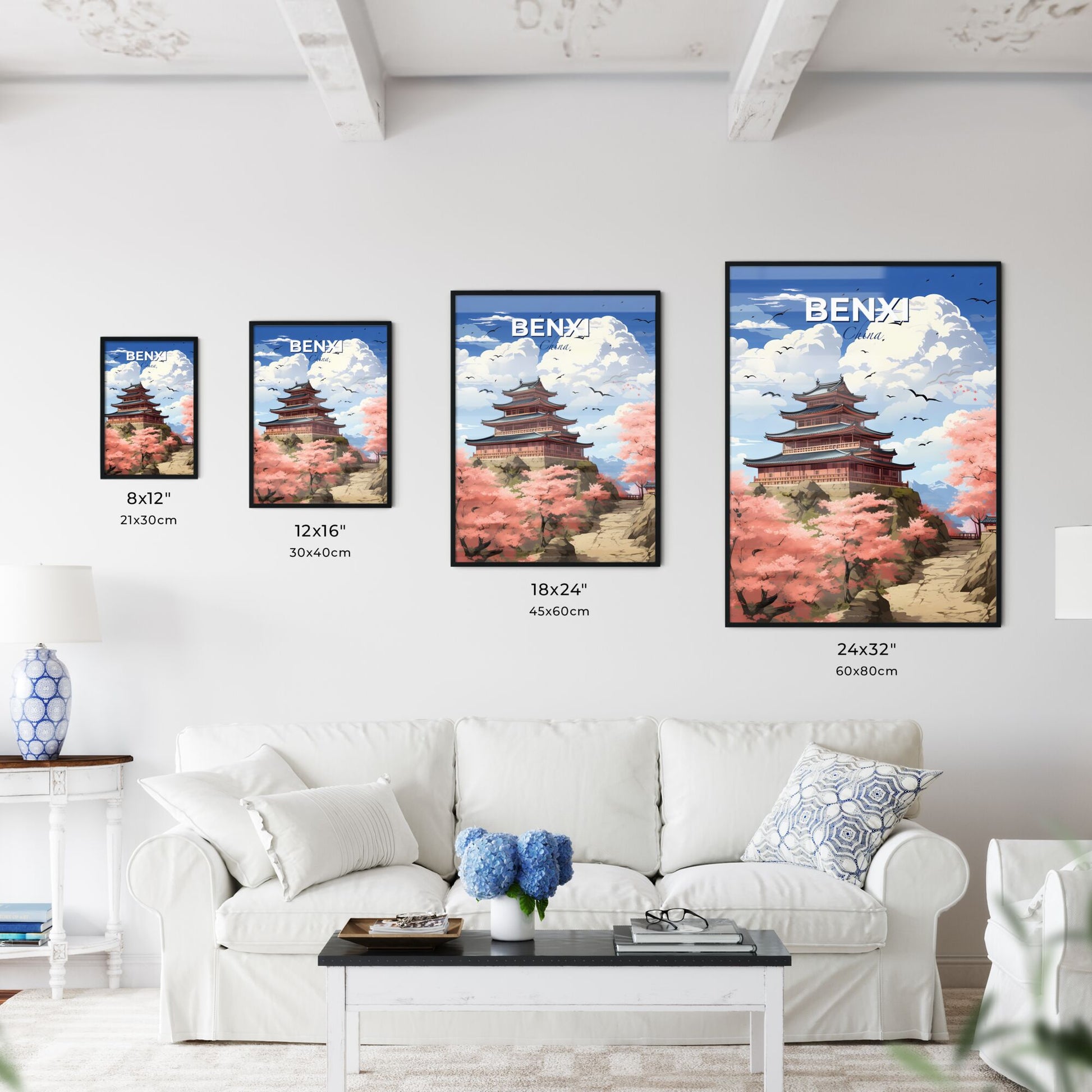 Abstract Cityscape Painting with Vibrant Skyline, Hilltop Building, Pink Trees, and Path Default Title