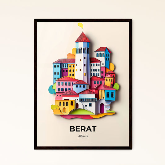 Vivid Berat, Albania - a paper cut of a city with a clock tower