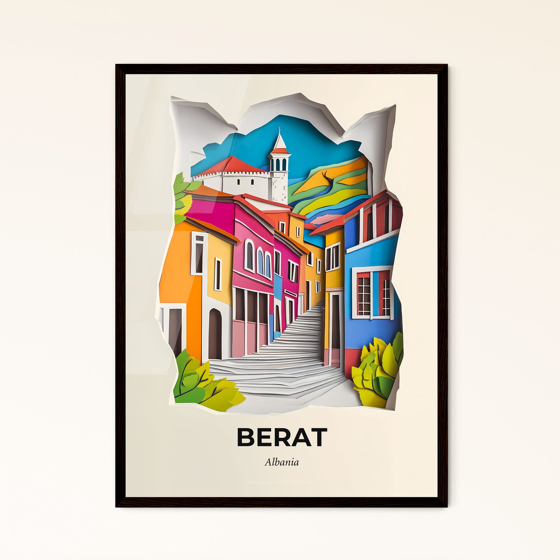 Vivid Berat, Albania - a paper cut of a colorful town with a steeple