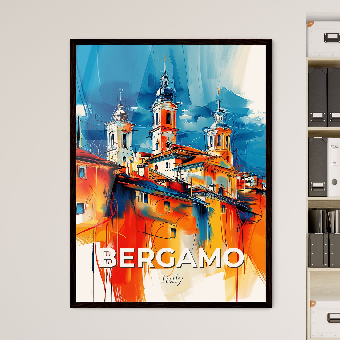 Vibrant Bergamo, Italy - A Painting Of A Building With Towers