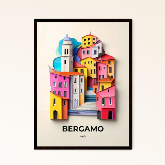 Vivid Bergamo, Italy - a colorful city with a clock tower and stairs