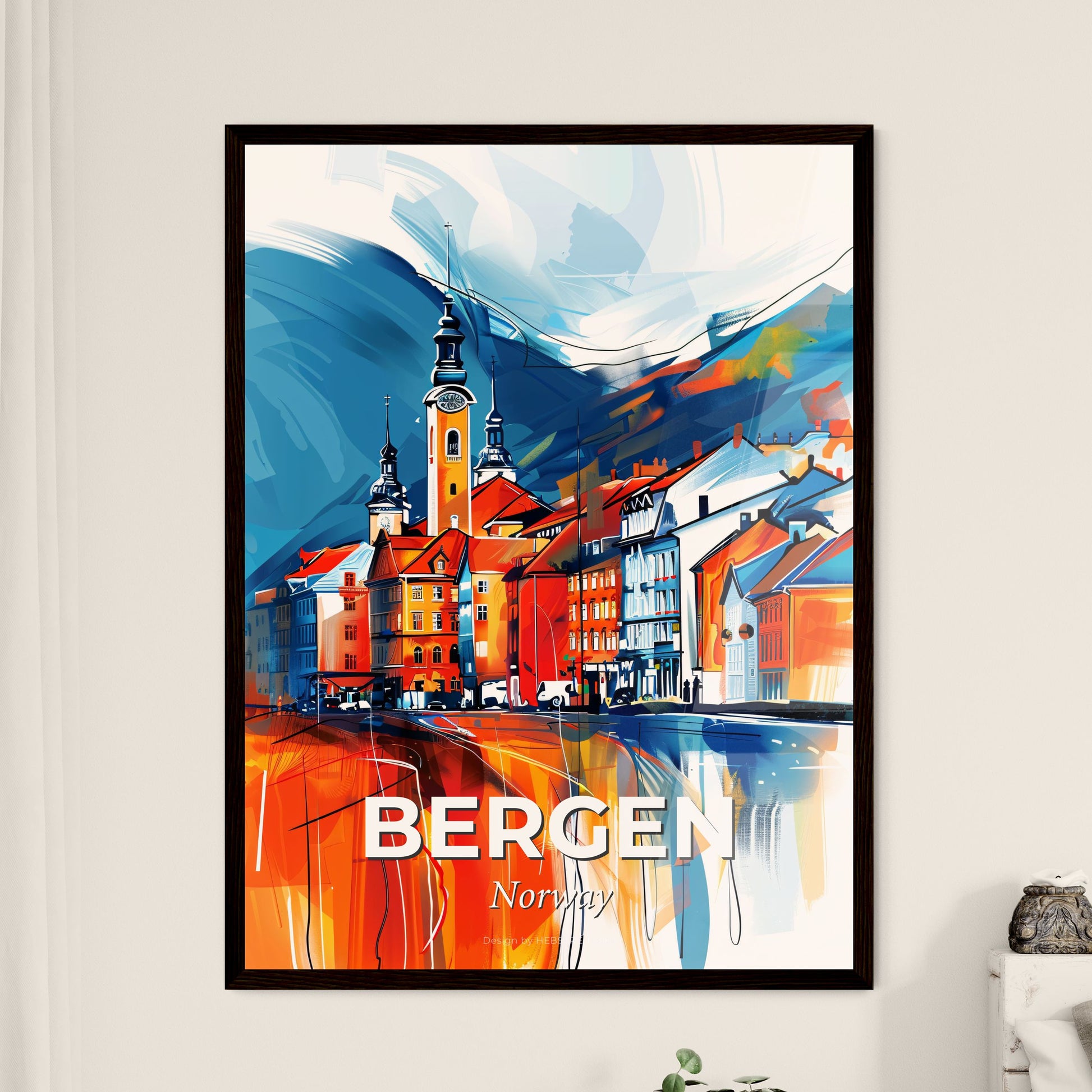 Vibrant Bergen, Norway - A Painting Of A Town With A Tower And Mountains