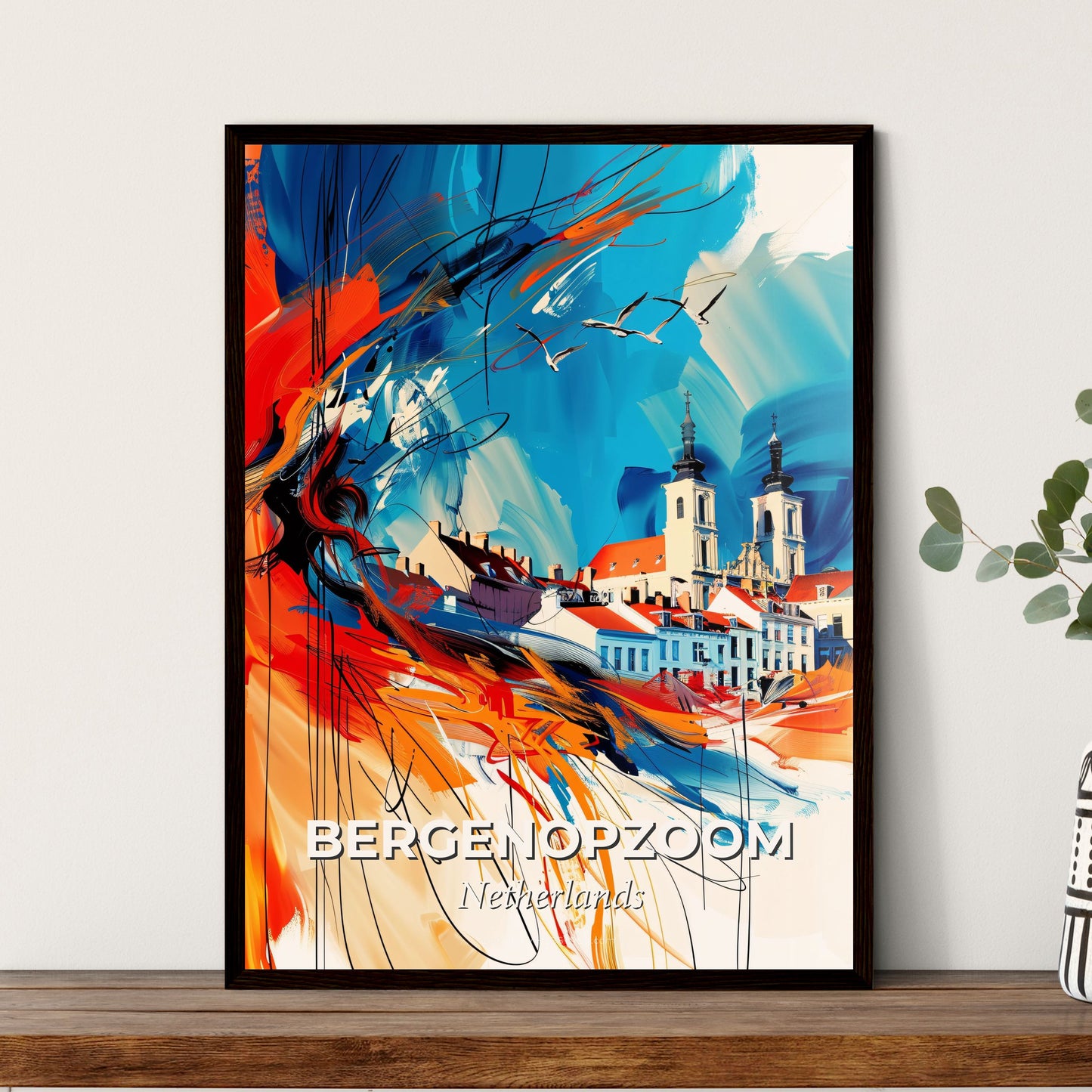 Vibrant Bergenopzoom, Netherlands - A Painting Of A City With Buildings And A Church