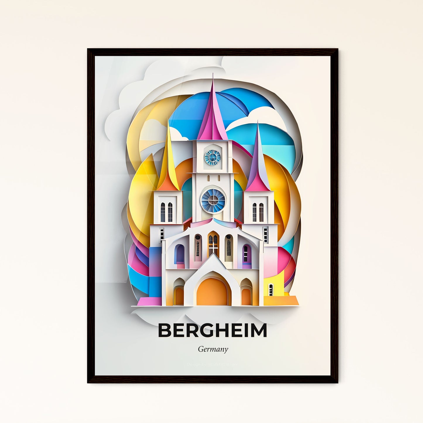 Vivid Bergheim, Germany - a paper cut of a church with a clock