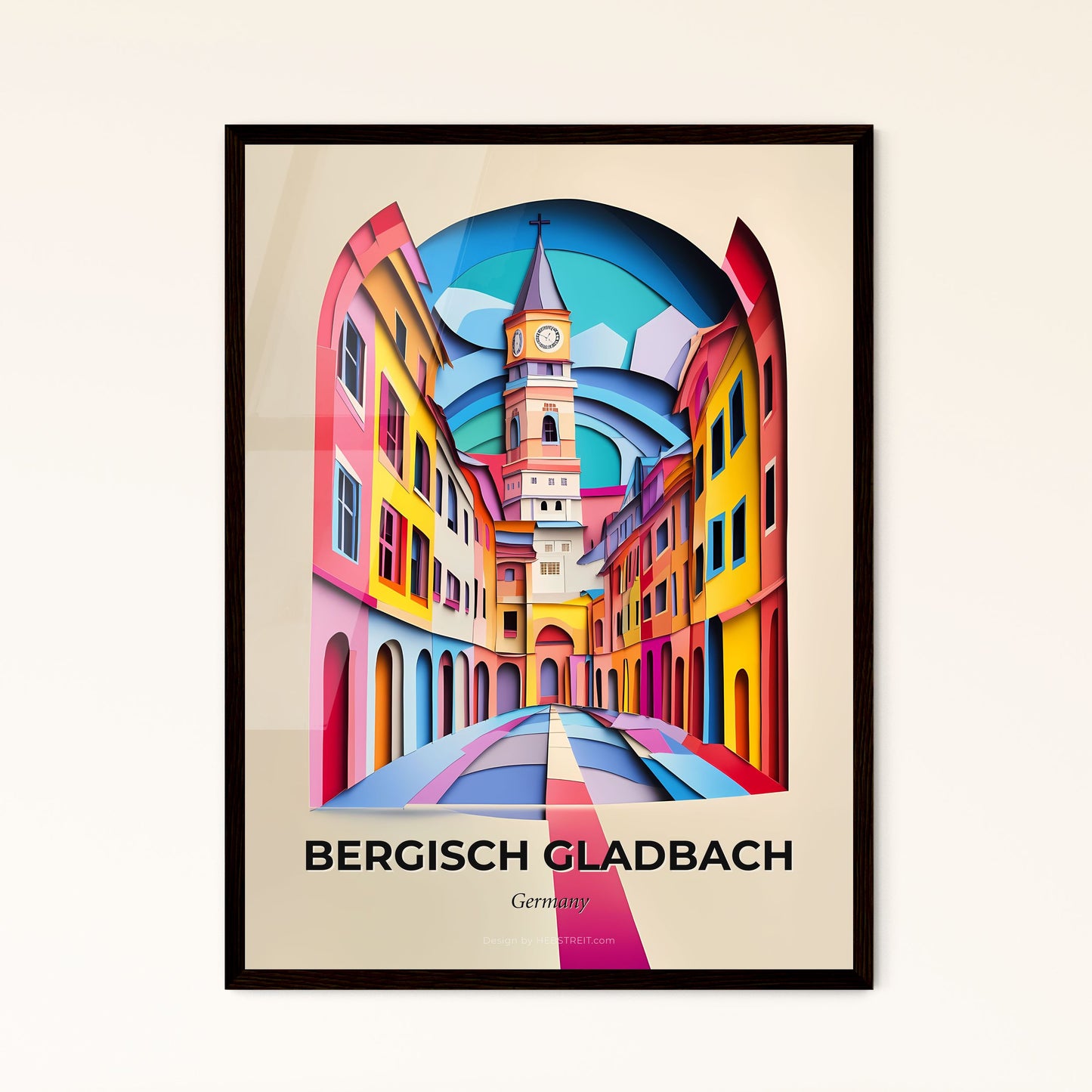 Vivid Bergisch Gladbach, Germany - a colorful city street with a clock tower