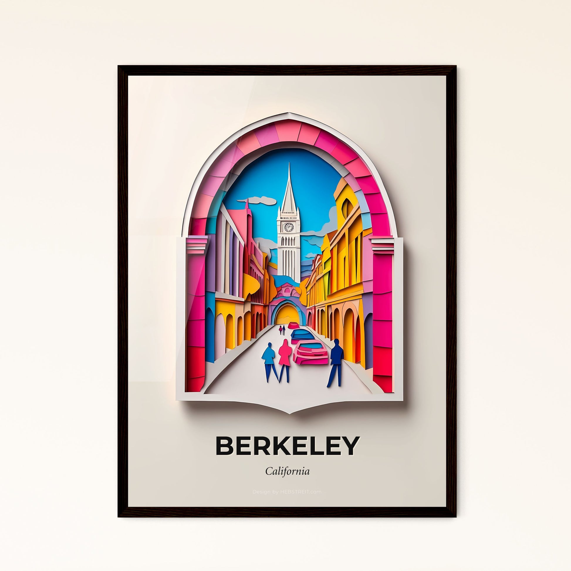 Vivid Berkeley, California - a paper cut of a city street with a clock tower