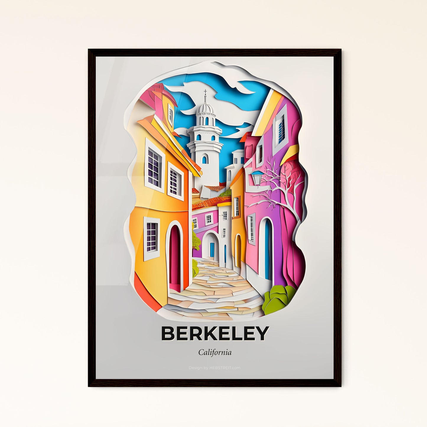 Vivid Berkeley, California - a paper cut of a street with a clock tower