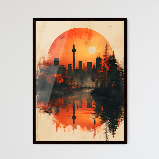 Minimalist Skyline Digital Collage: Vibrant Cityscape with Red Circle and Trees, Low-Angle, Horizon View, Artistic Painting, Contemporary Album Artwork Framed Art