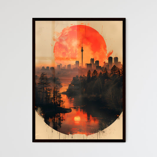 Minimalist abstract digital painting of a city skyline with a red moon, featuring geometric lines and a wide view of the horizon, perfect for album artwork or wall decor Framed Art