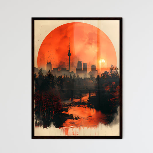 Vibrant Minimalist Cityscape Painting: Striking Skyline with Red Moon, Digital Collage Framed Art