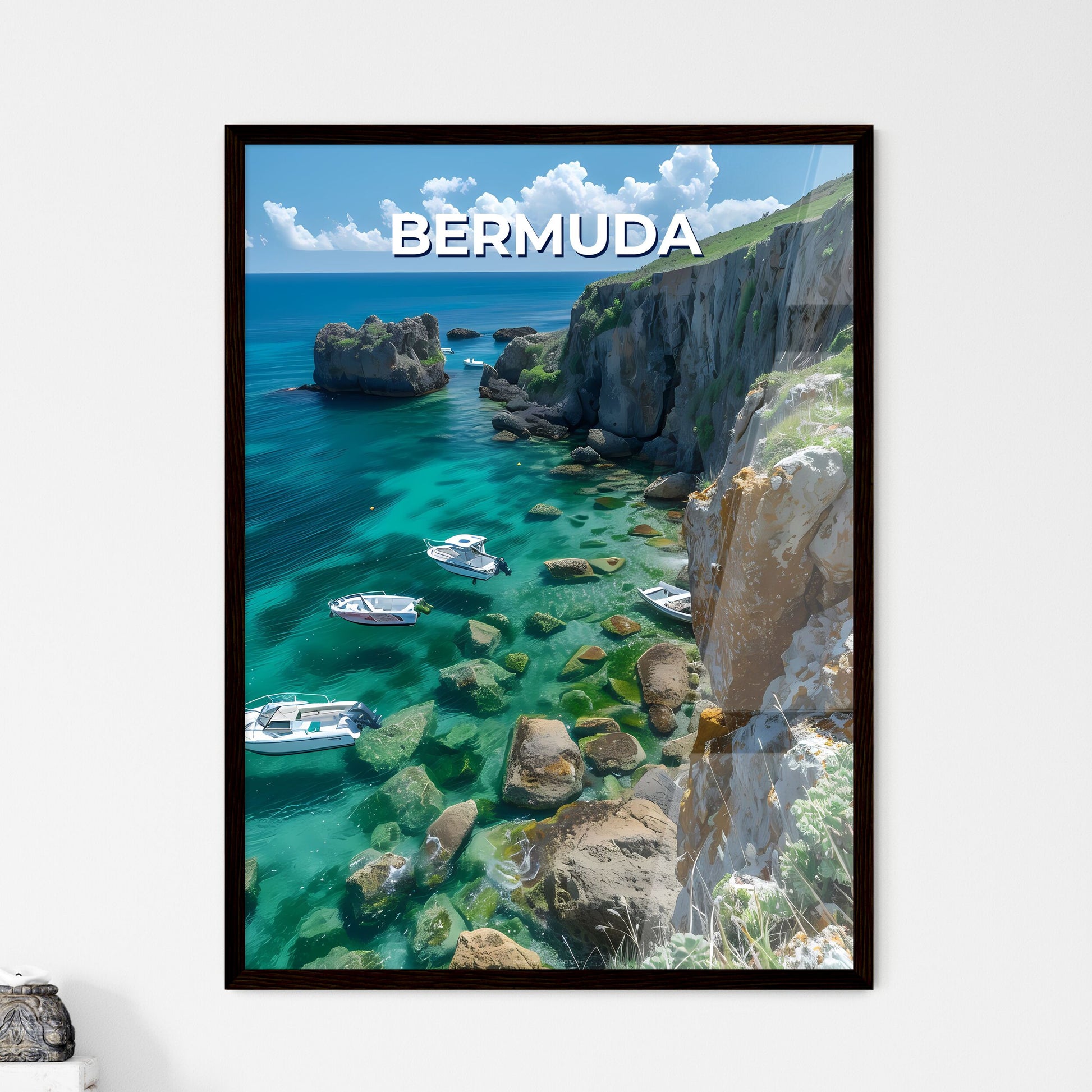 Artful Bermuda: Vivid Painting of Boats in Serenity, Backdropped by Rocky Coast and Towering Cliff