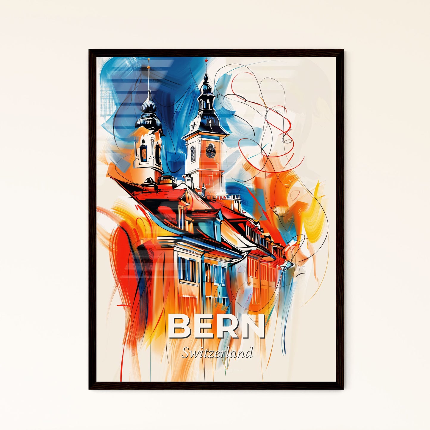 Vibrant Bern, Switzerland - A Painting Of A Building With A Clock Tower